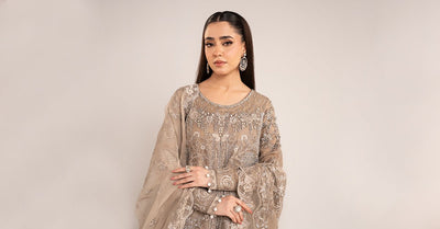 Maria B | RTW | 3 Piece Embroidered Net Suit-Brand:Maria B-Type:Luxury Formals-Brown - House of Maryam- Buy in UK, USA
