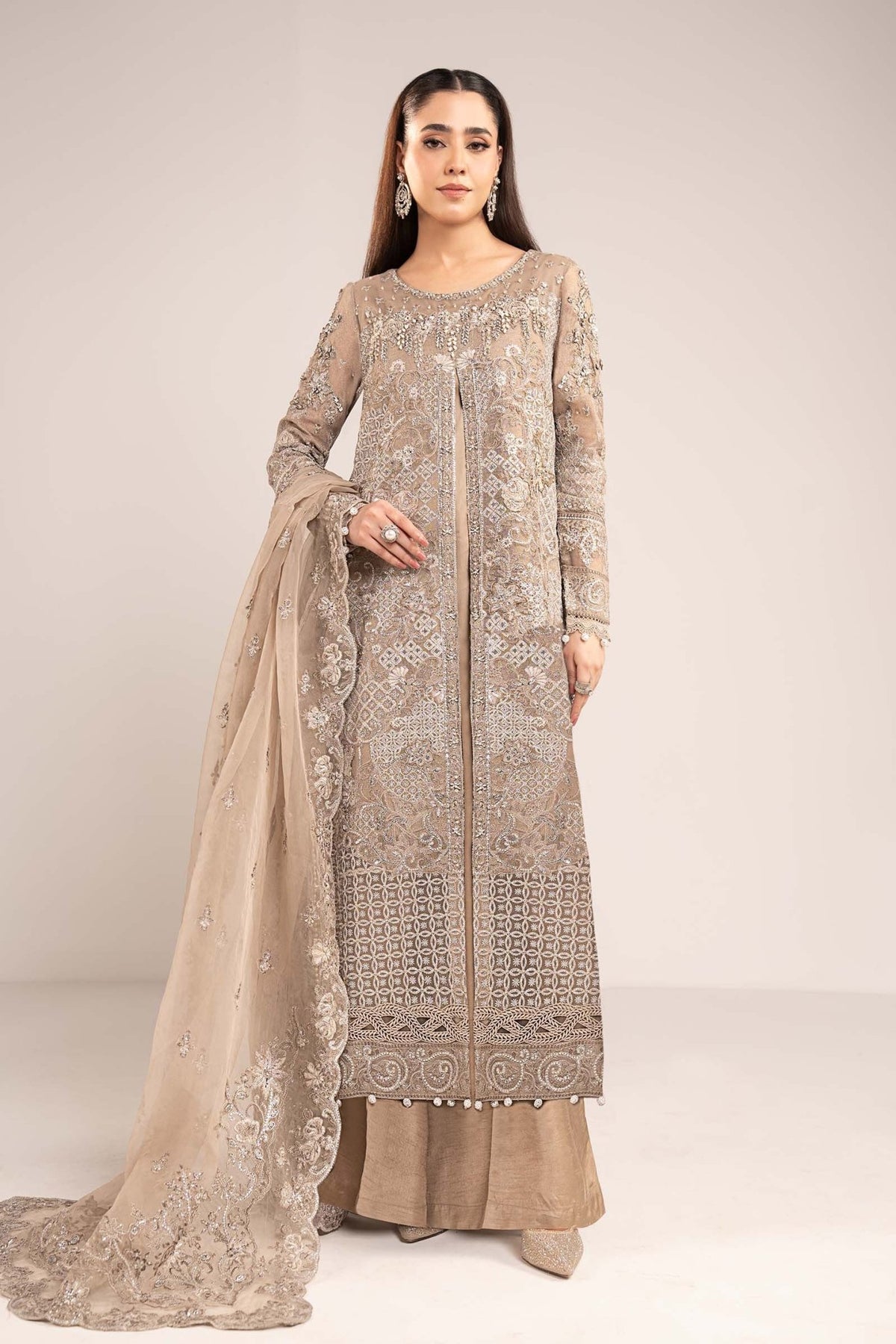 Maria B | RTW | 3 Piece Embroidered Net Suit-Brand:Maria B-Type:Luxury Formals-Brown - House of Maryam- Buy in UK, USA