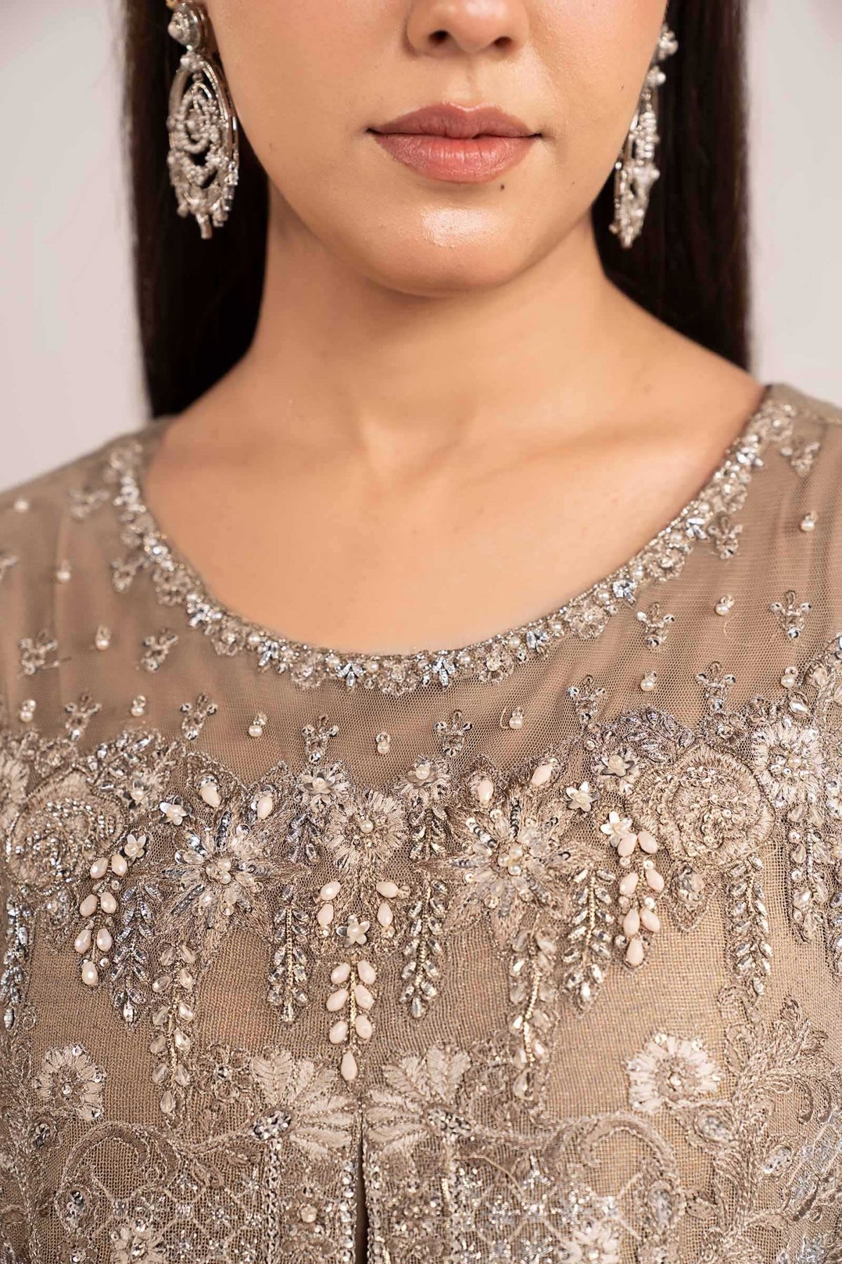 Maria B | RTW | 3 Piece Embroidered Net Suit-Brand:Maria B-Type:Luxury Formals-Brown - House of Maryam- Buy in UK, USA