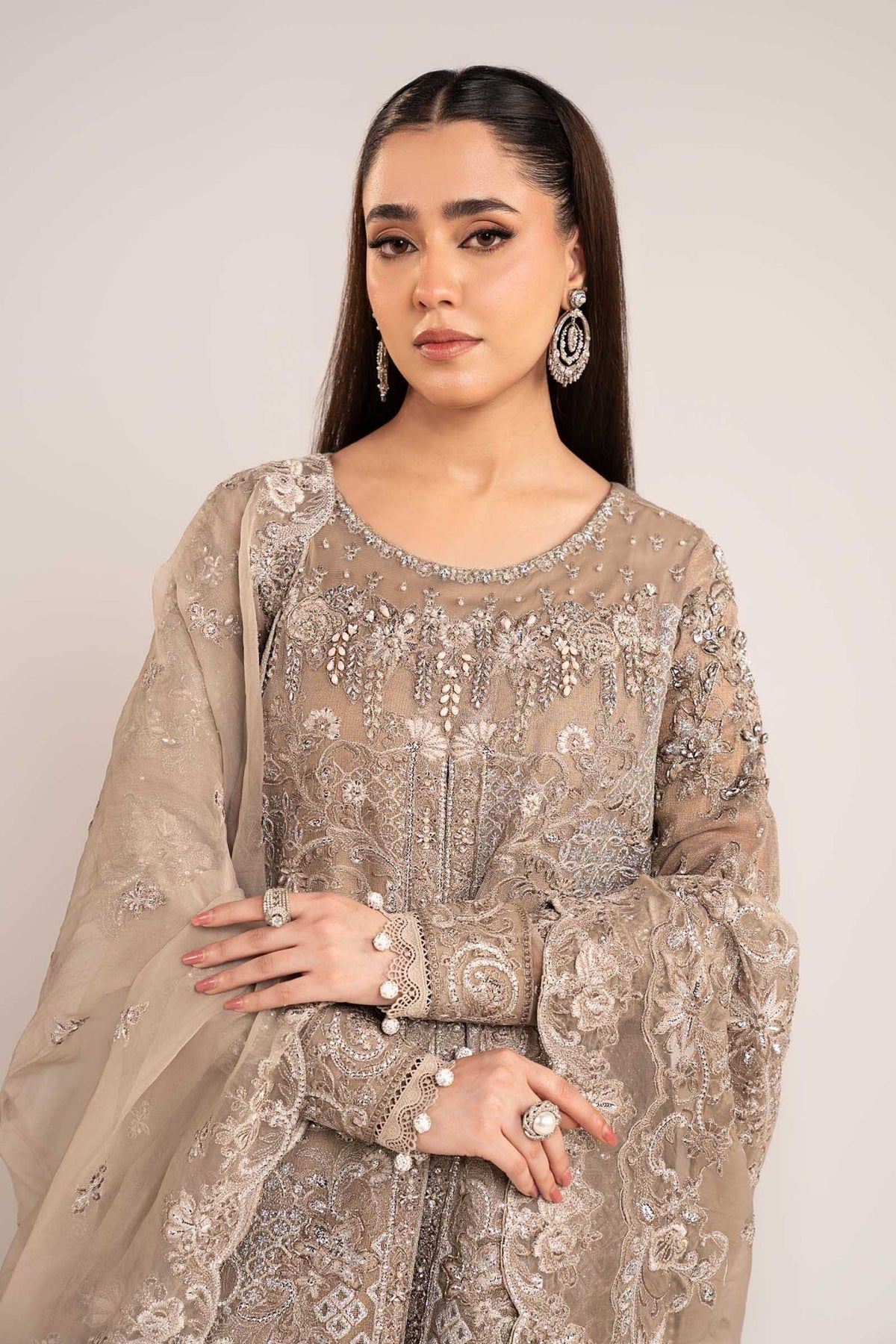 Maria B | RTW | 3 Piece Embroidered Net Suit-Brand:Maria B-Type:Luxury Formals-Brown - House of Maryam- Buy in UK, USA