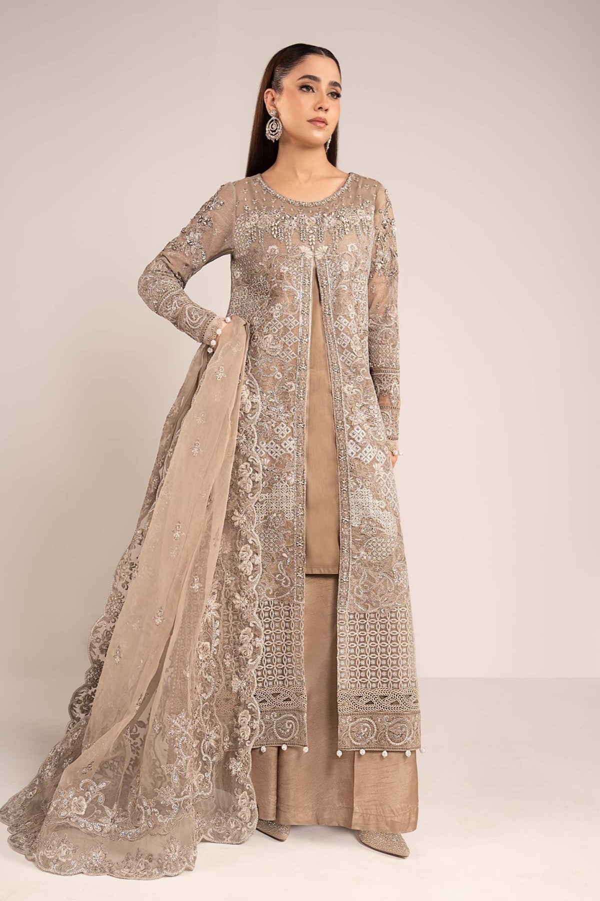 Maria B | RTW | 3 Piece Embroidered Net Suit-Brand:Maria B-Type:Luxury Formals-Brown - House of Maryam- Buy in UK, USA