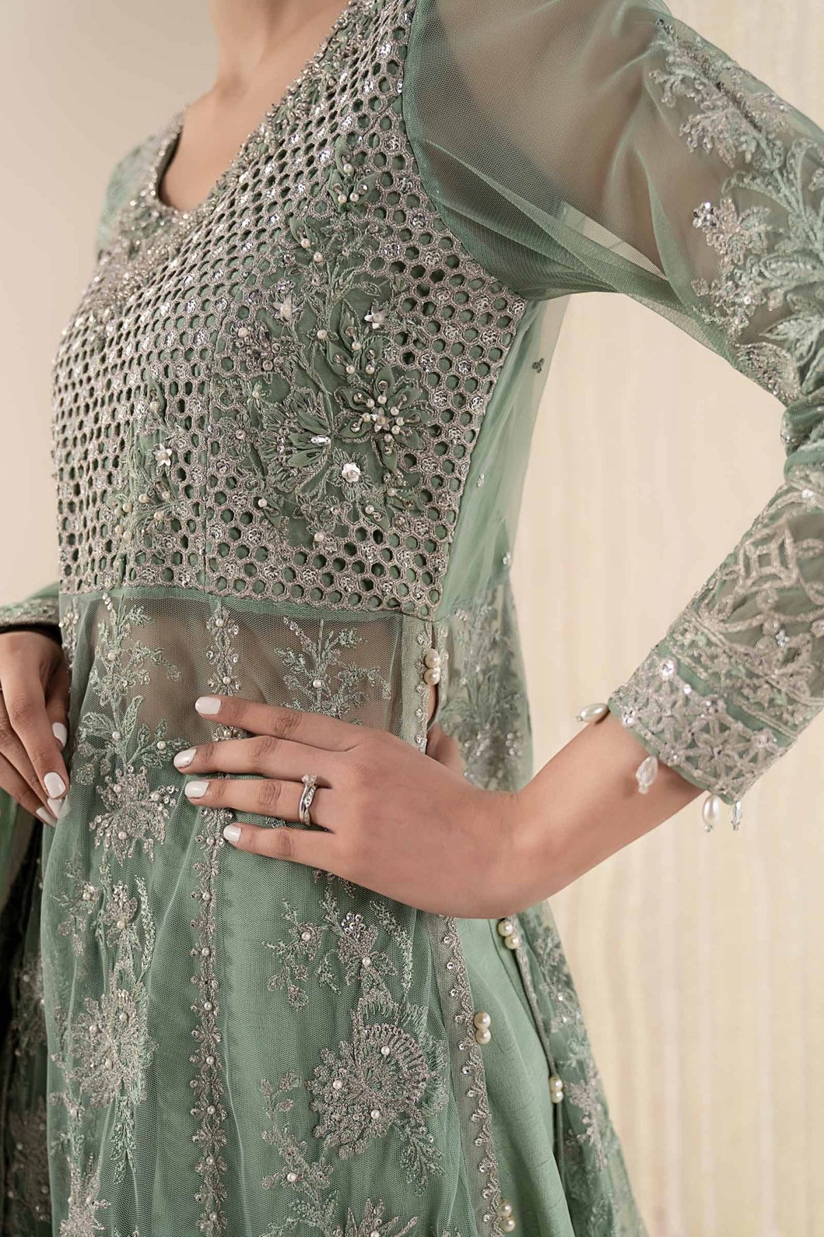 Maria B | RTW | 3 Piece Embroidered Net Suit-Brand:Maria B-Type:Luxury Formals-Green - House of Maryam- Buy in UK, USA