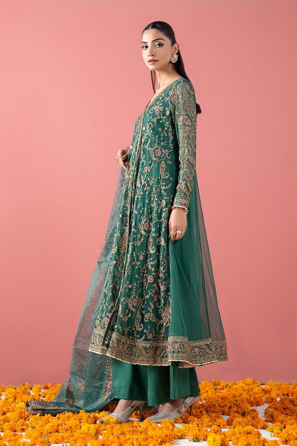 Maria B | RTW | 3 Piece Embroidered Net Suit-Brand:Maria B-Type:Luxury Formals-Green - House of Maryam- Buy in UK, USA