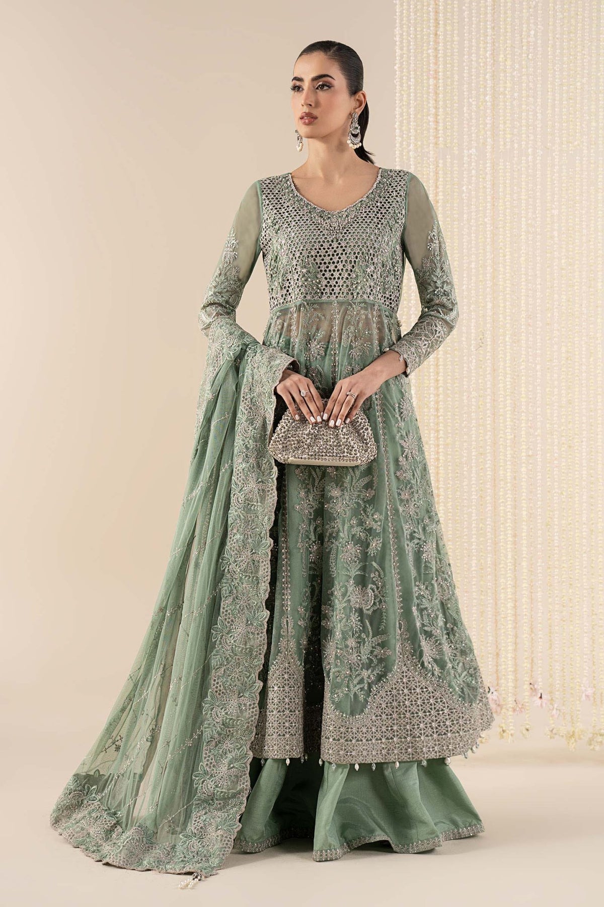 Maria B | RTW | 3 Piece Embroidered Net Suit-Brand:Maria B-Type:Luxury Formals-Green - House of Maryam- Buy in UK, USA
