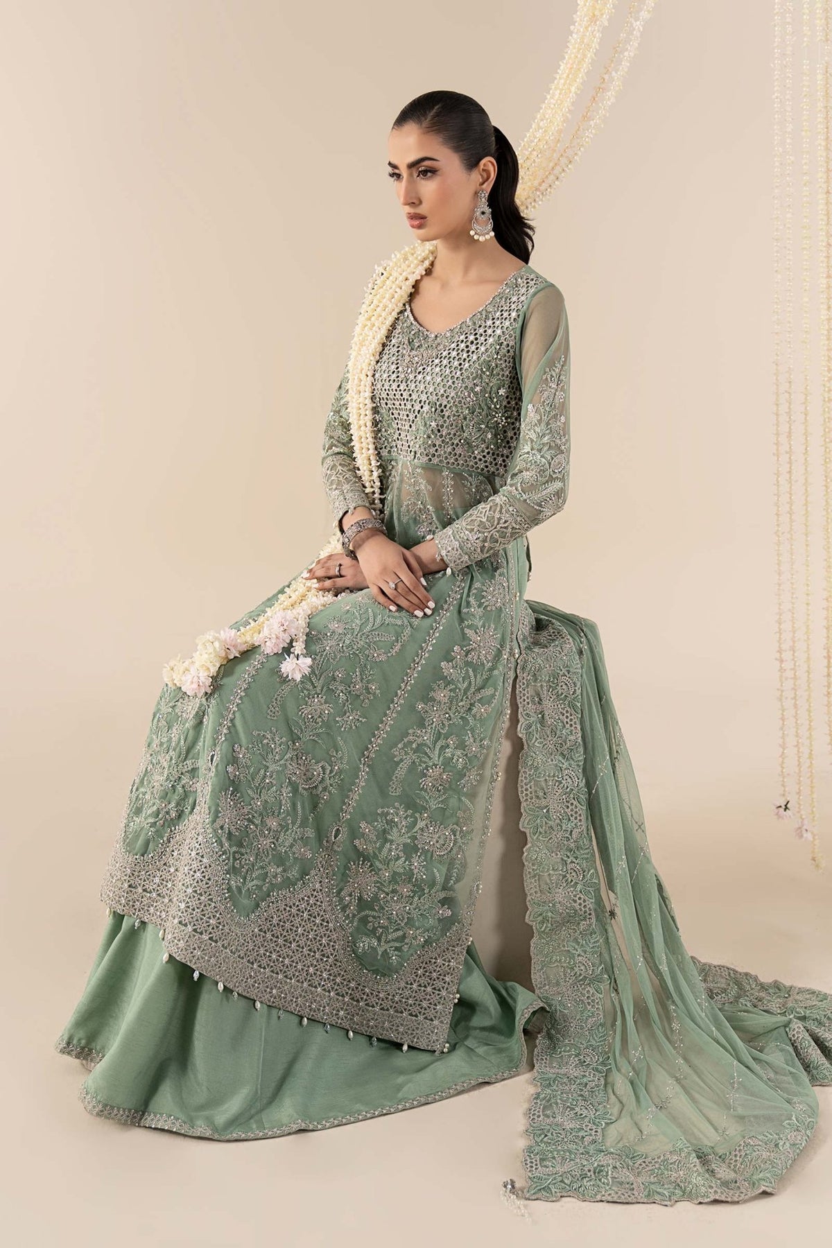 Maria B | RTW | 3 Piece Embroidered Net Suit-Brand:Maria B-Type:Luxury Formals-Green - House of Maryam- Buy in UK, USA