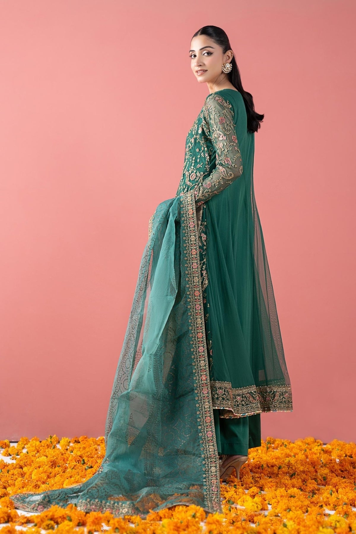 Maria B | RTW | 3 Piece Embroidered Net Suit-Brand:Maria B-Type:Luxury Formals-Green - House of Maryam- Buy in UK, USA
