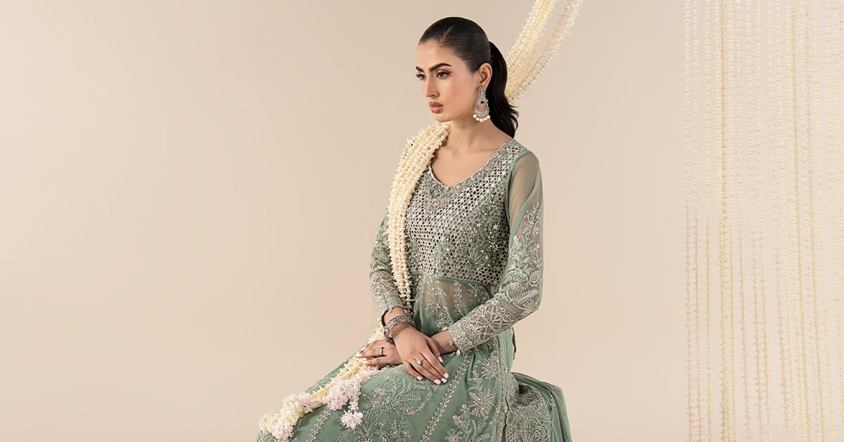 Maria B | RTW | 3 Piece Embroidered Net Suit-Brand:Maria B-Type:Luxury Formals-Green - House of Maryam- Buy in UK, USA