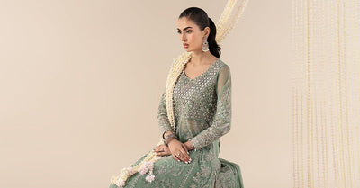 Maria B | RTW | 3 Piece Embroidered Net Suit-Brand:Maria B-Type:Luxury Formals-Green - House of Maryam- Buy in UK, USA