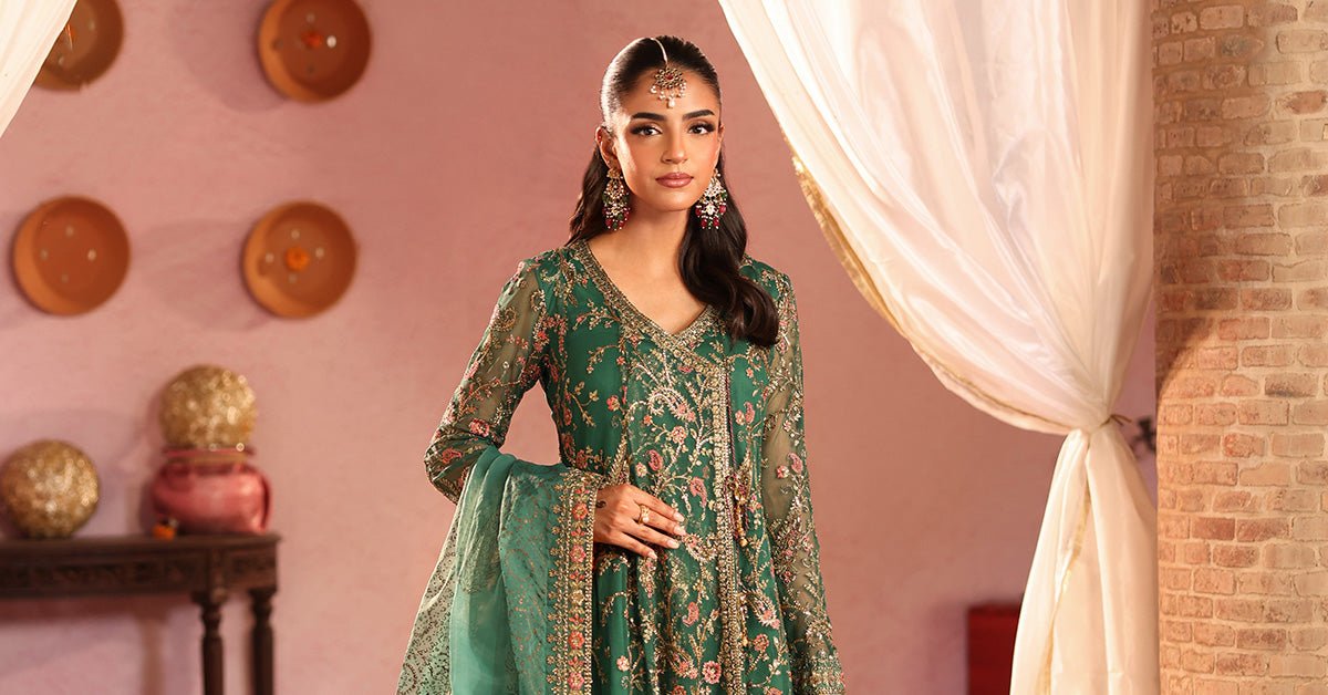 Maria B | RTW | 3 Piece Embroidered Net Suit-Brand:Maria B-Type:Luxury Formals-Green - House of Maryam- Buy in UK, USA