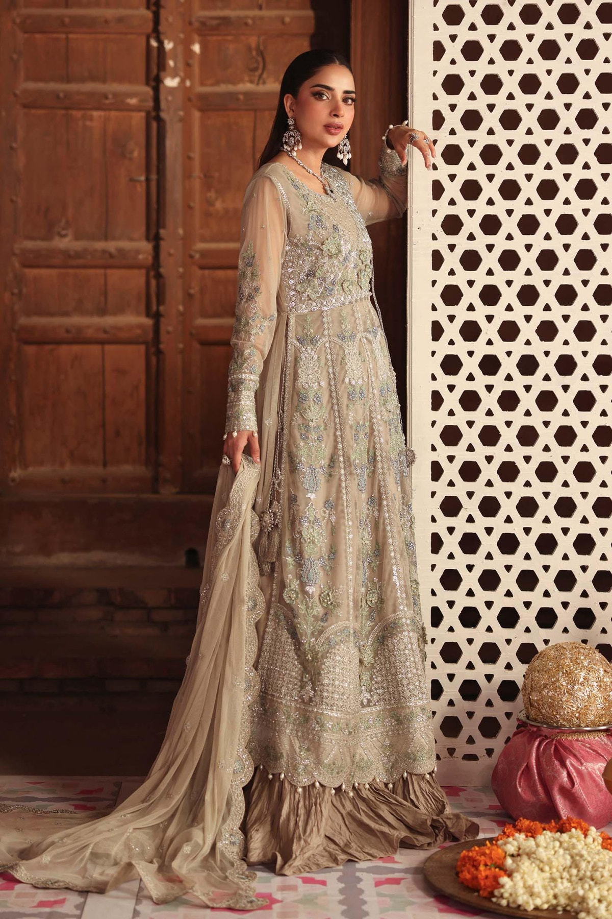 Maria B | RTW | 3 Piece Embroidered Net Suit-Brand:Maria B-Type:Luxury Formals-Grey - House of Maryam- Buy in UK, USA