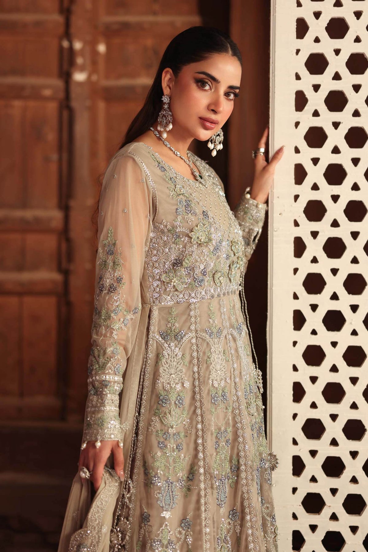 Maria B | RTW | 3 Piece Embroidered Net Suit-Brand:Maria B-Type:Luxury Formals-Grey - House of Maryam- Buy in UK, USA