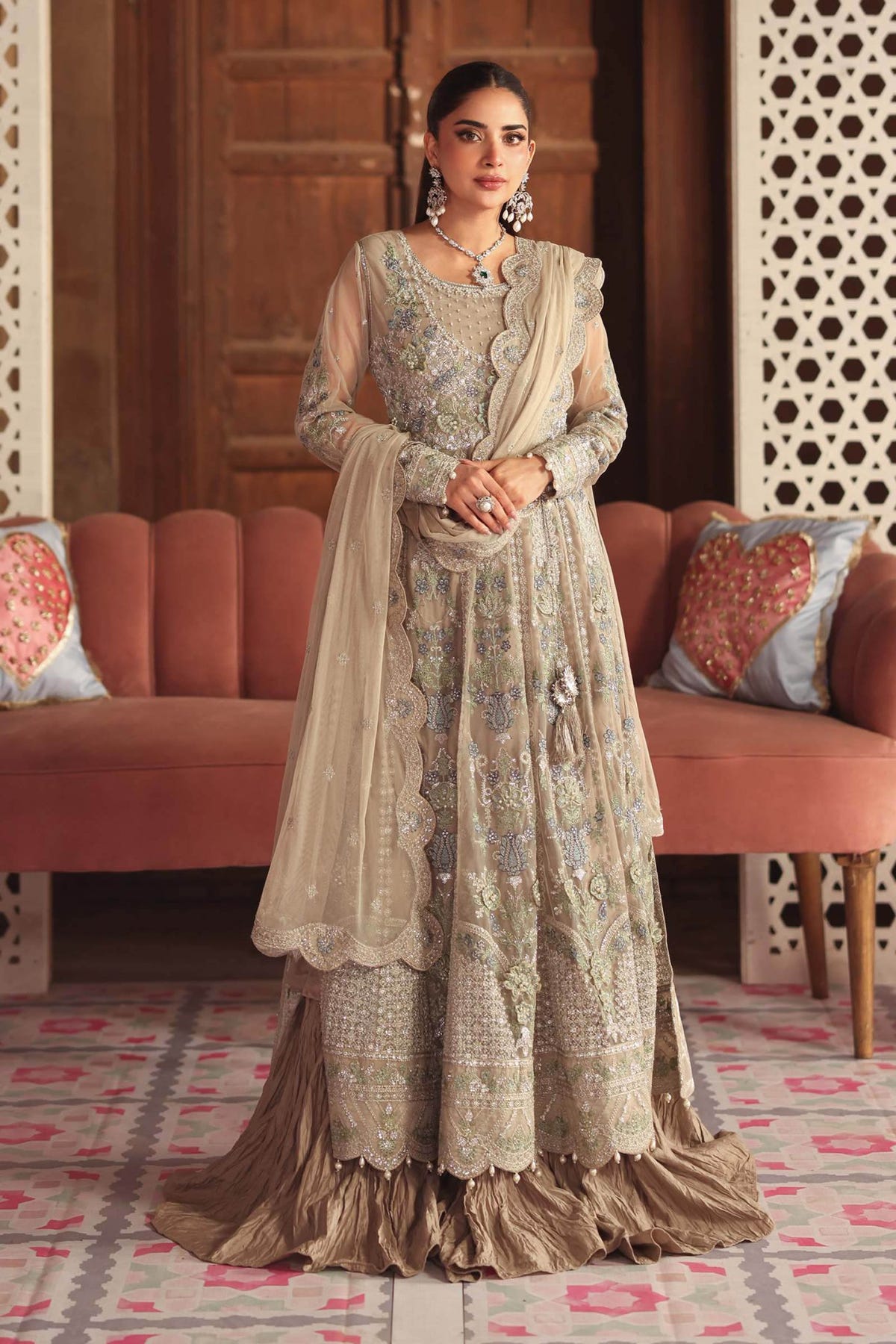 Maria B | RTW | 3 Piece Embroidered Net Suit-Brand:Maria B-Type:Luxury Formals-Grey - House of Maryam- Buy in UK, USA