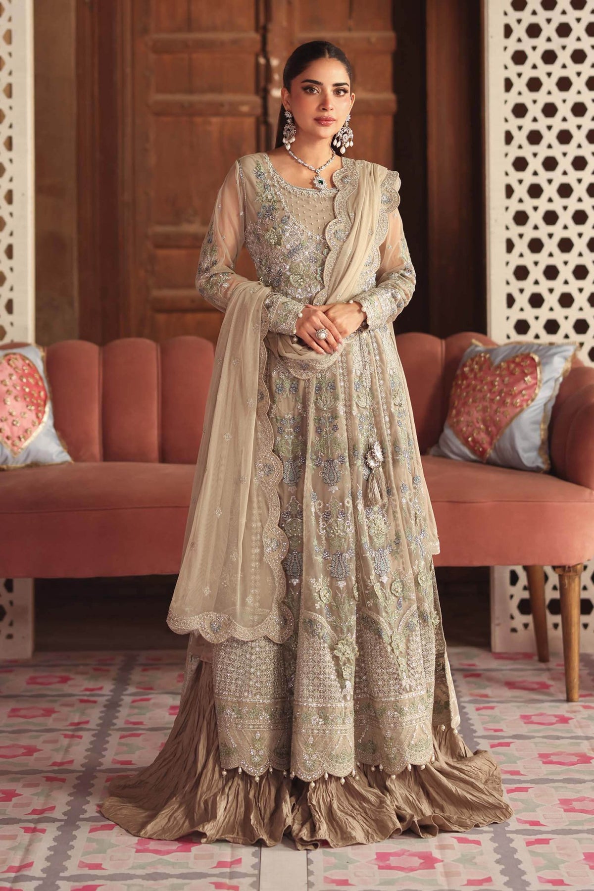 Maria B | RTW | 3 Piece Embroidered Net Suit-Brand:Maria B-Type:Luxury Formals-Grey - House of Maryam- Buy in UK, USA