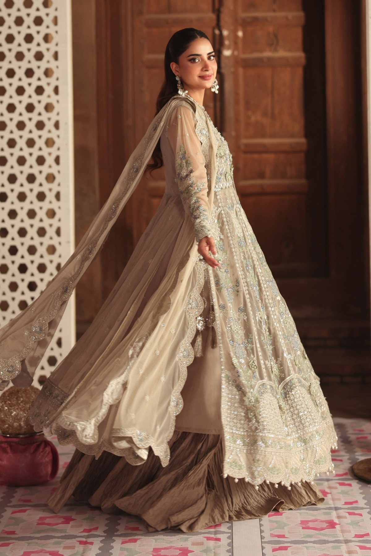 Maria B | RTW | 3 Piece Embroidered Net Suit-Brand:Maria B-Type:Luxury Formals-Grey - House of Maryam- Buy in UK, USA