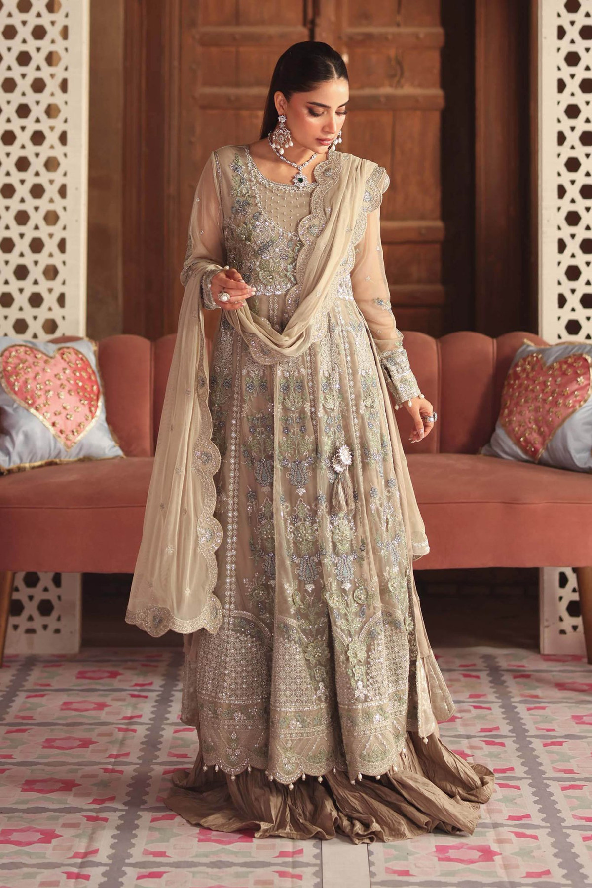 Maria B | RTW | 3 Piece Embroidered Net Suit-Brand:Maria B-Type:Luxury Formals-Grey - House of Maryam- Buy in UK, USA
