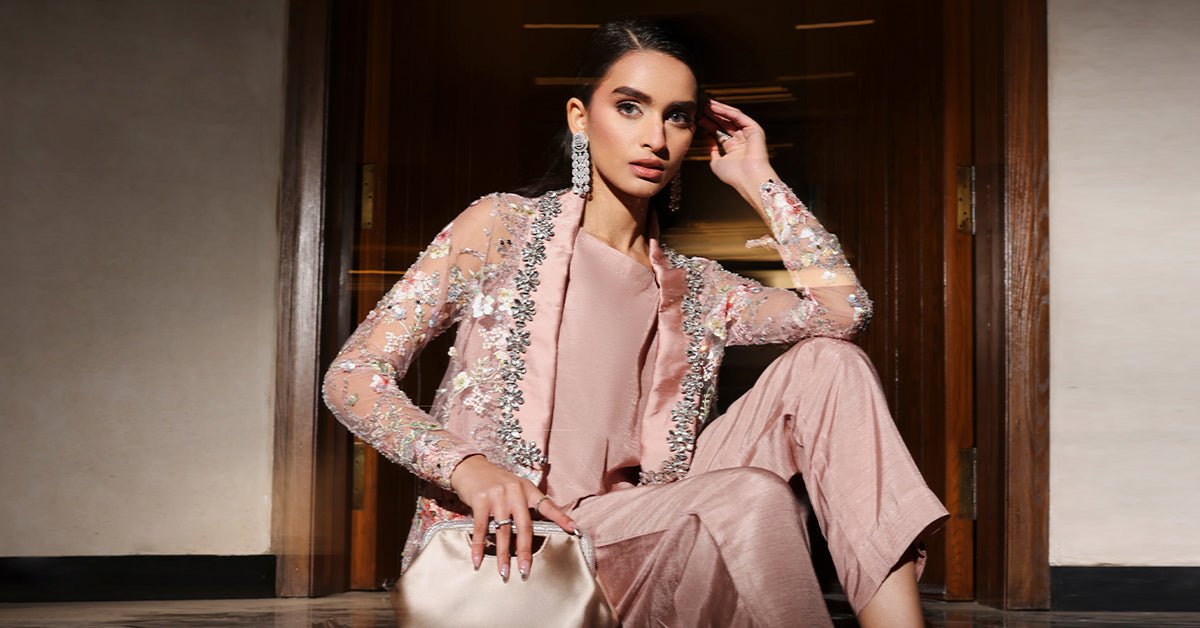 Maria B | RTW | 3 Piece Embroidered Net Suit-Brand:Maria B-Type:Luxury Formals-Pink - House of Maryam- Buy in UK, USA