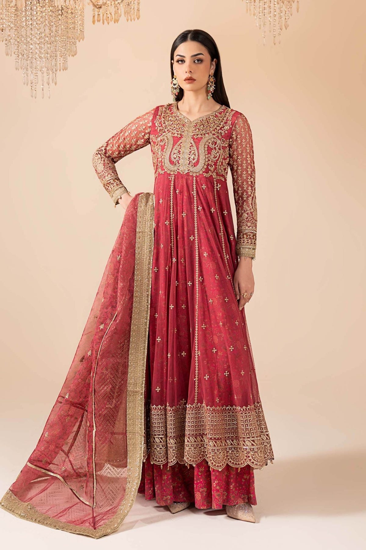 Maria B | RTW | 3 Piece Embroidered Net Suit-Brand:Maria B-Type:Luxury Formals-Pink - House of Maryam- Buy in UK, USA