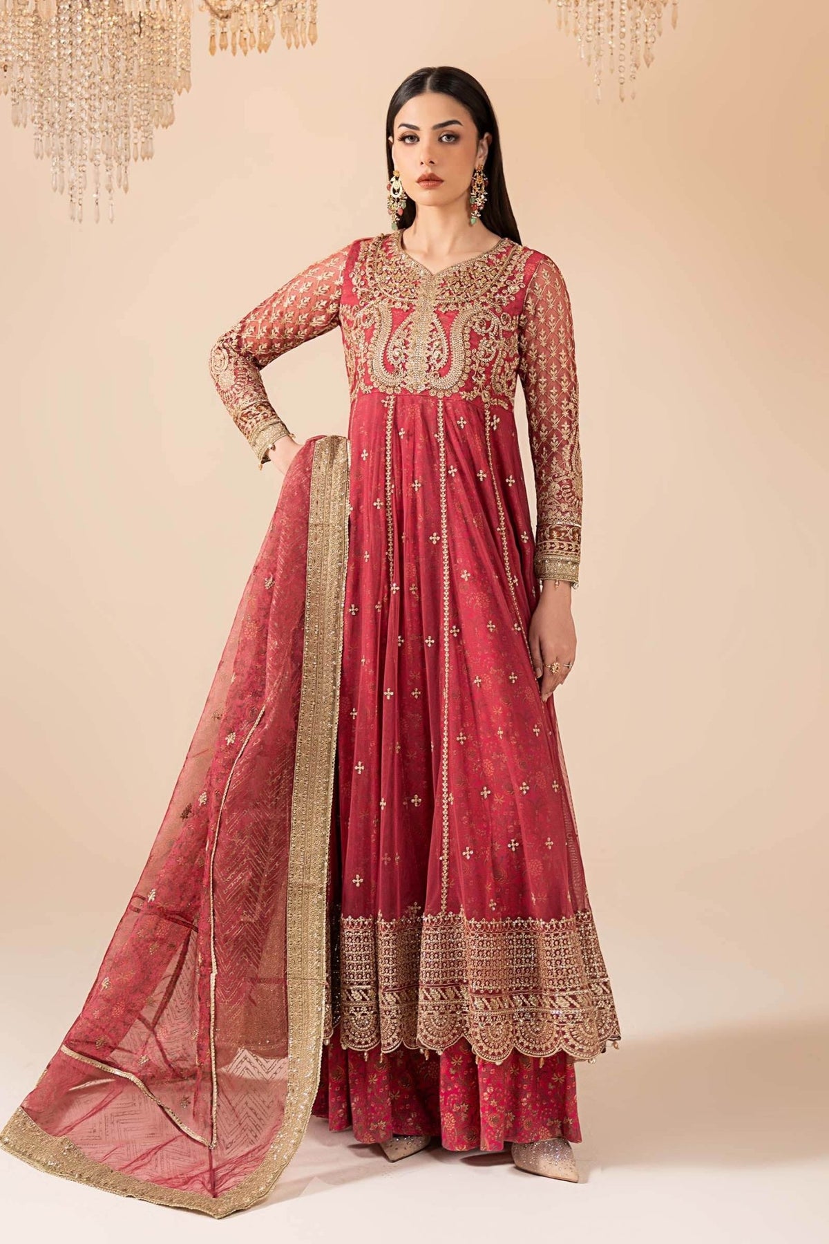 Maria B | RTW | 3 Piece Embroidered Net Suit-Brand:Maria B-Type:Luxury Formals-Pink - House of Maryam- Buy in UK, USA