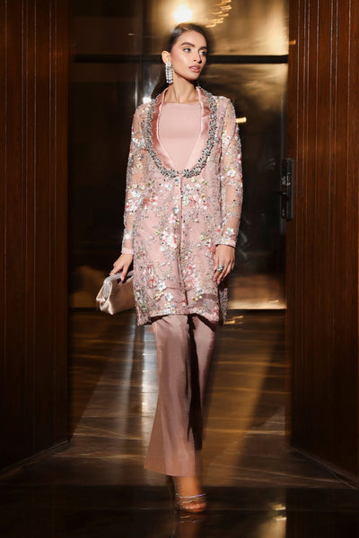Maria B | RTW | 3 Piece Embroidered Net Suit-Brand:Maria B-Type:Luxury Formals-Pink - House of Maryam- Buy in UK, USA
