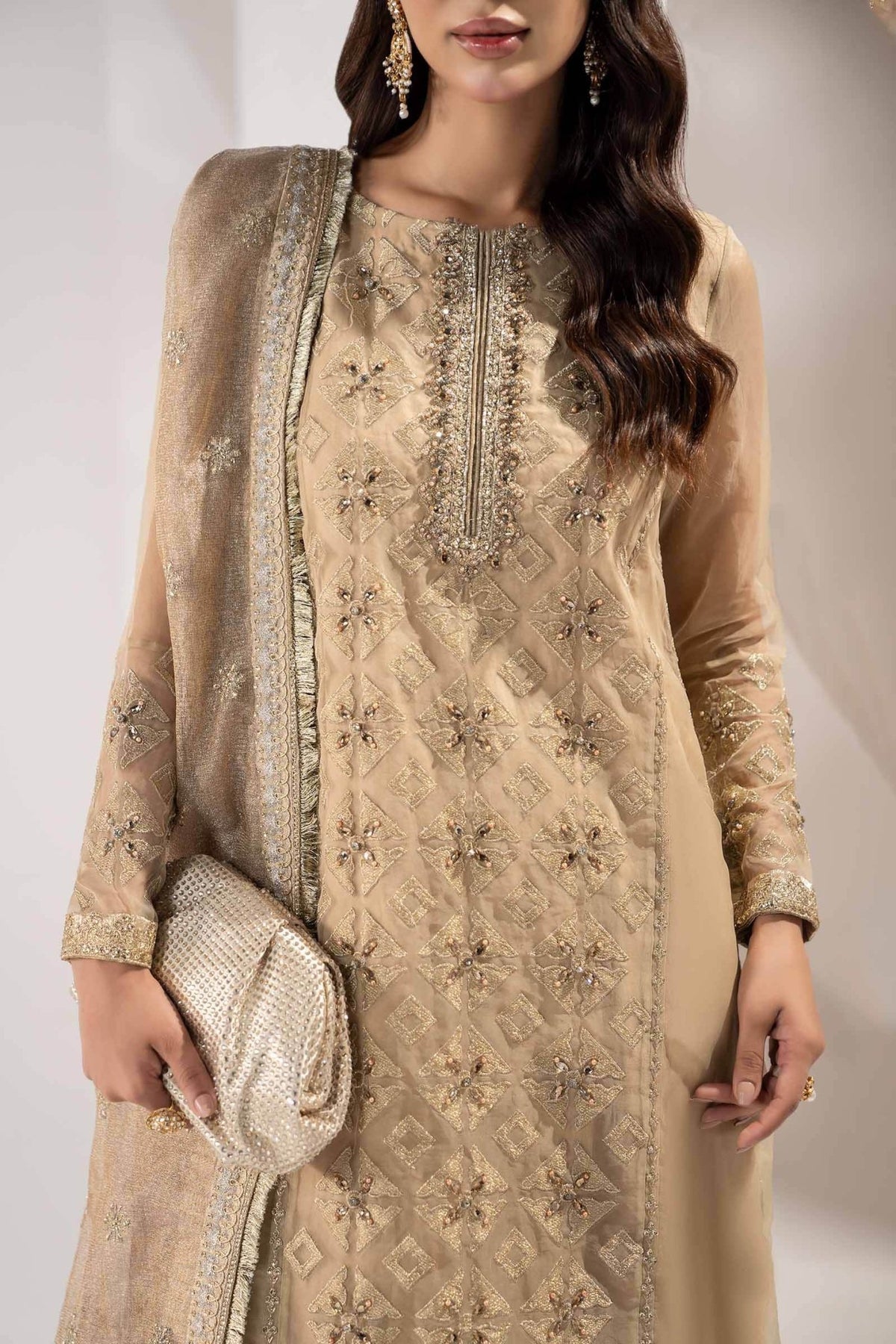 Maria B | RTW | 3 Piece Embroidered Organza Suit-Brand:Maria B-Type:Luxury Formals-Beige - House of Maryam- Buy in UK, USA