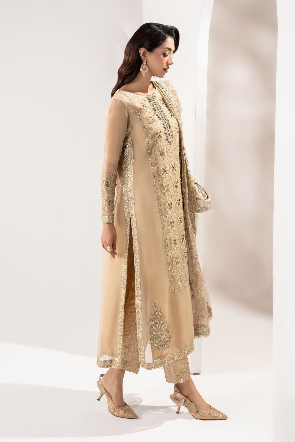 Maria B | RTW | 3 Piece Embroidered Organza Suit-Brand:Maria B-Type:Luxury Formals-Beige - House of Maryam- Buy in UK, USA