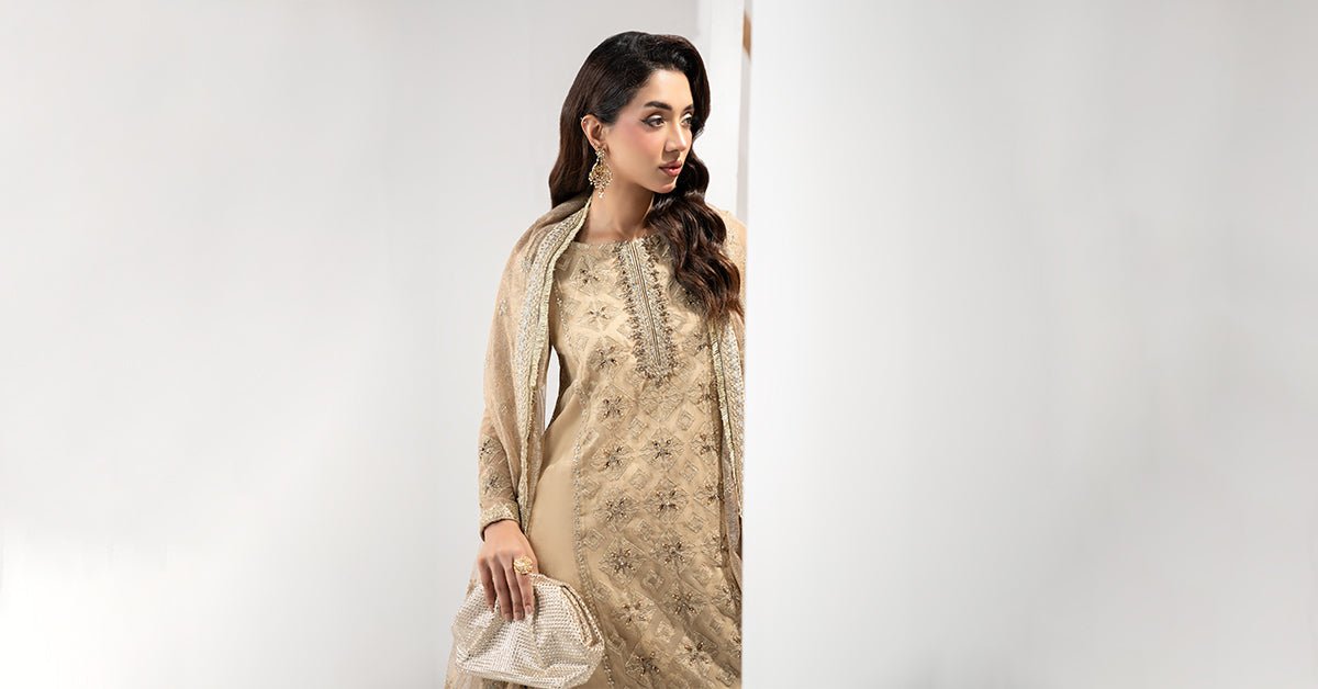 Maria B | RTW | 3 Piece Embroidered Organza Suit-Brand:Maria B-Type:Luxury Formals-Beige - House of Maryam- Buy in UK, USA
