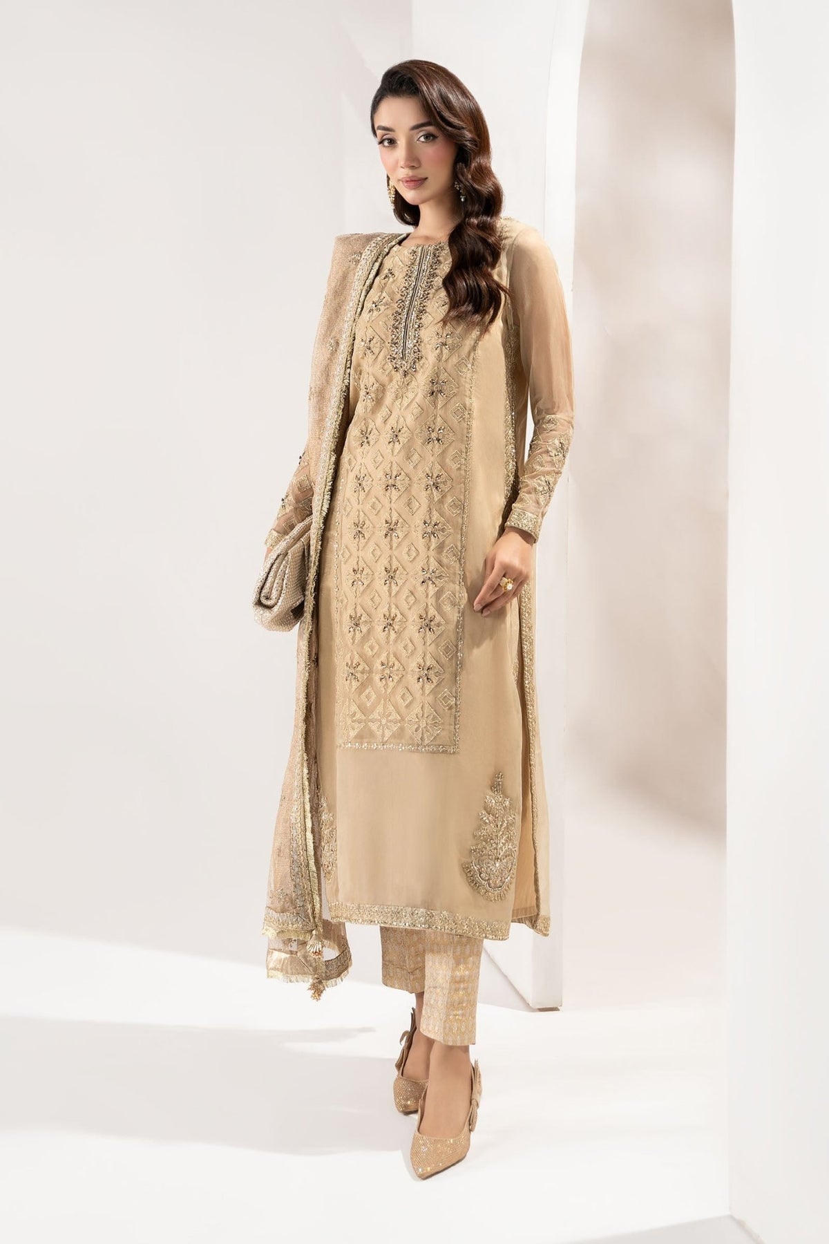 Maria B | RTW | 3 Piece Embroidered Organza Suit-Brand:Maria B-Type:Luxury Formals-Beige - House of Maryam- Buy in UK, USA