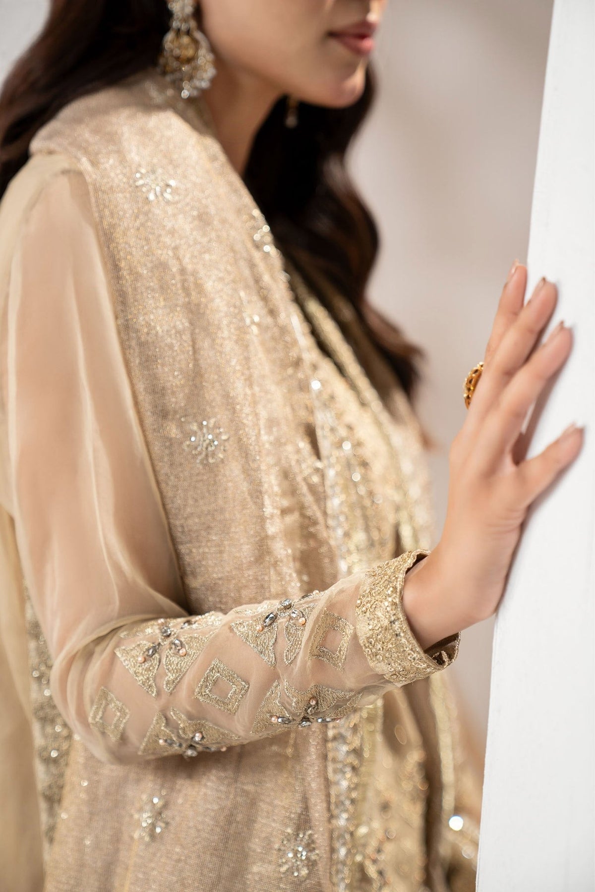 Maria B | RTW | 3 Piece Embroidered Organza Suit-Brand:Maria B-Type:Luxury Formals-Beige - House of Maryam- Buy in UK, USA