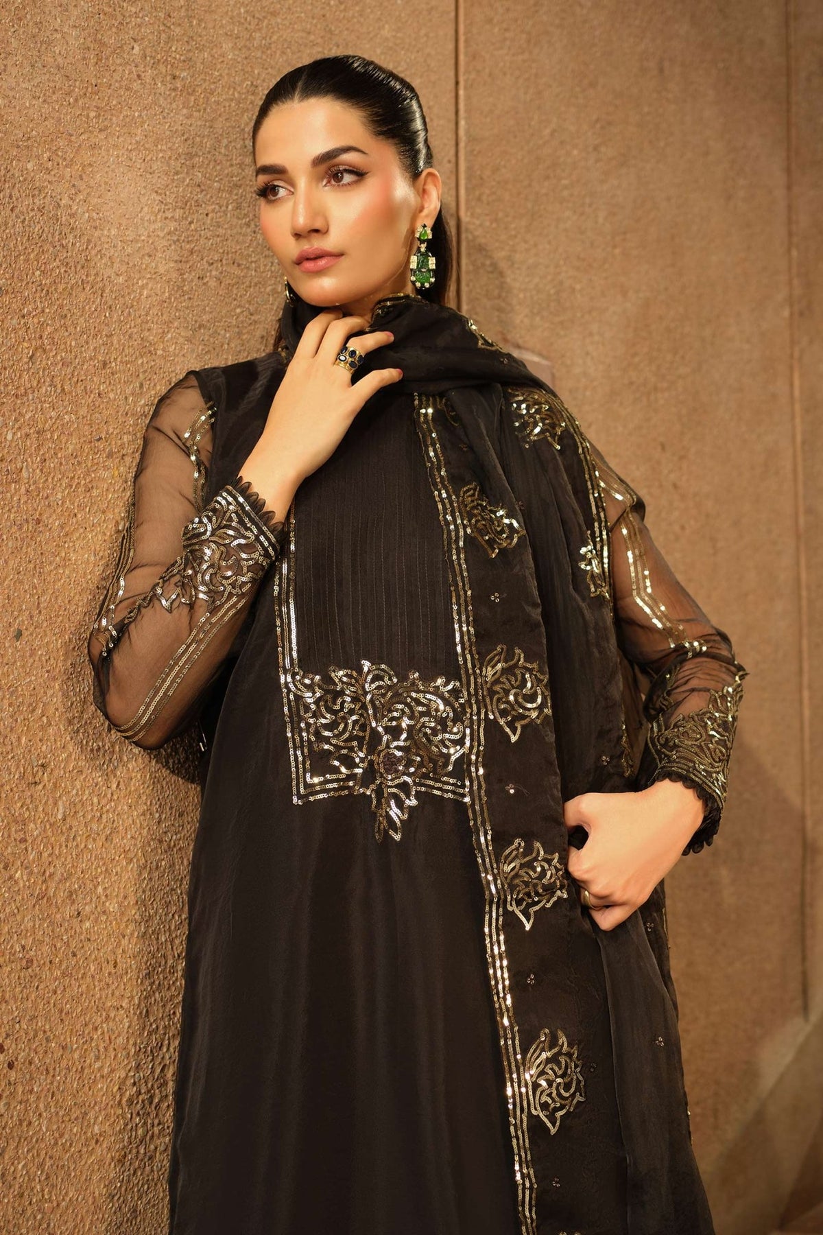 Maria B | RTW | 3 Piece Embroidered Organza Suit-Brand:Maria B-Type:Luxury Formals-Black - House of Maryam- Buy in UK, USA