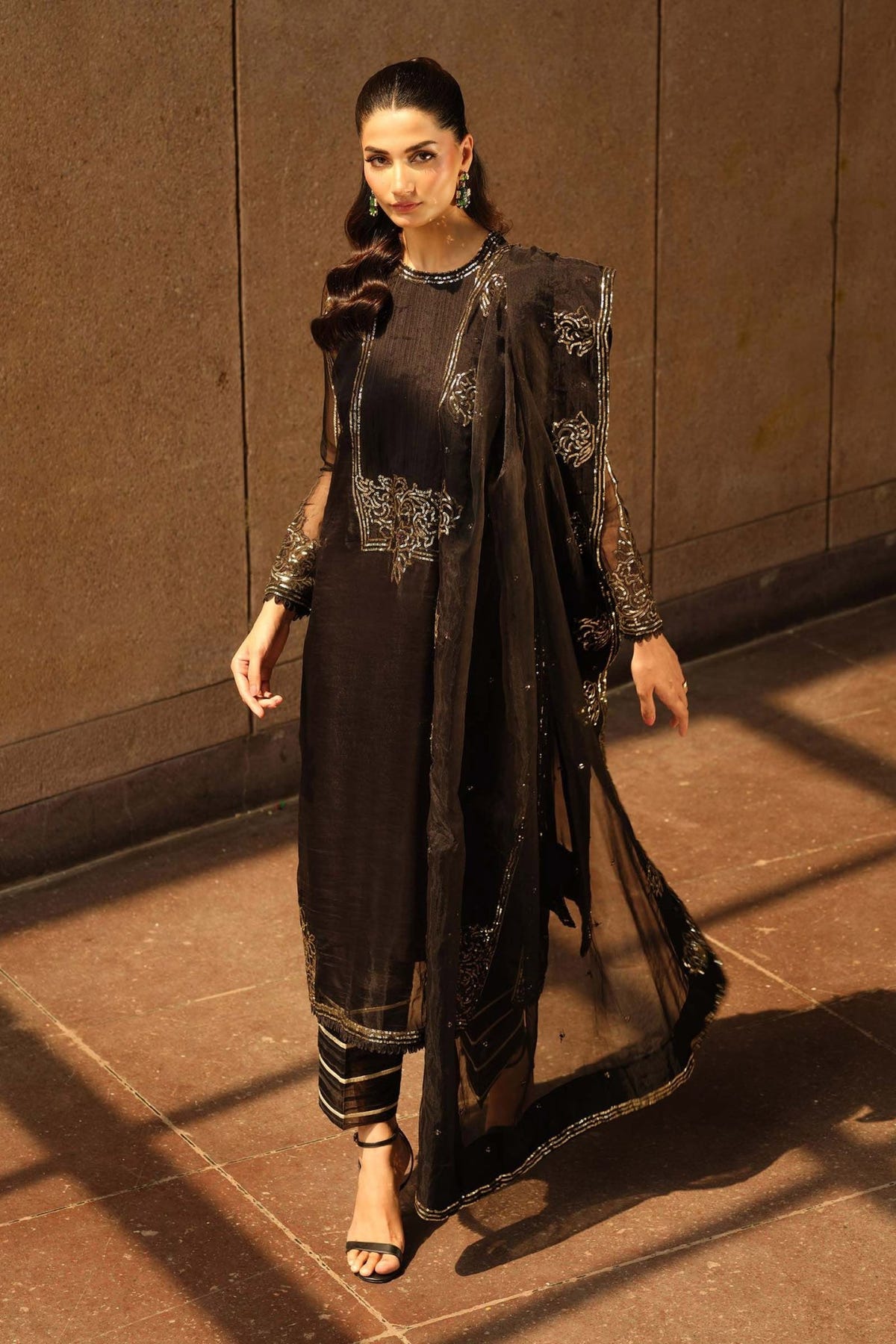 Maria B | RTW | 3 Piece Embroidered Organza Suit-Brand:Maria B-Type:Luxury Formals-Black - House of Maryam- Buy in UK, USA