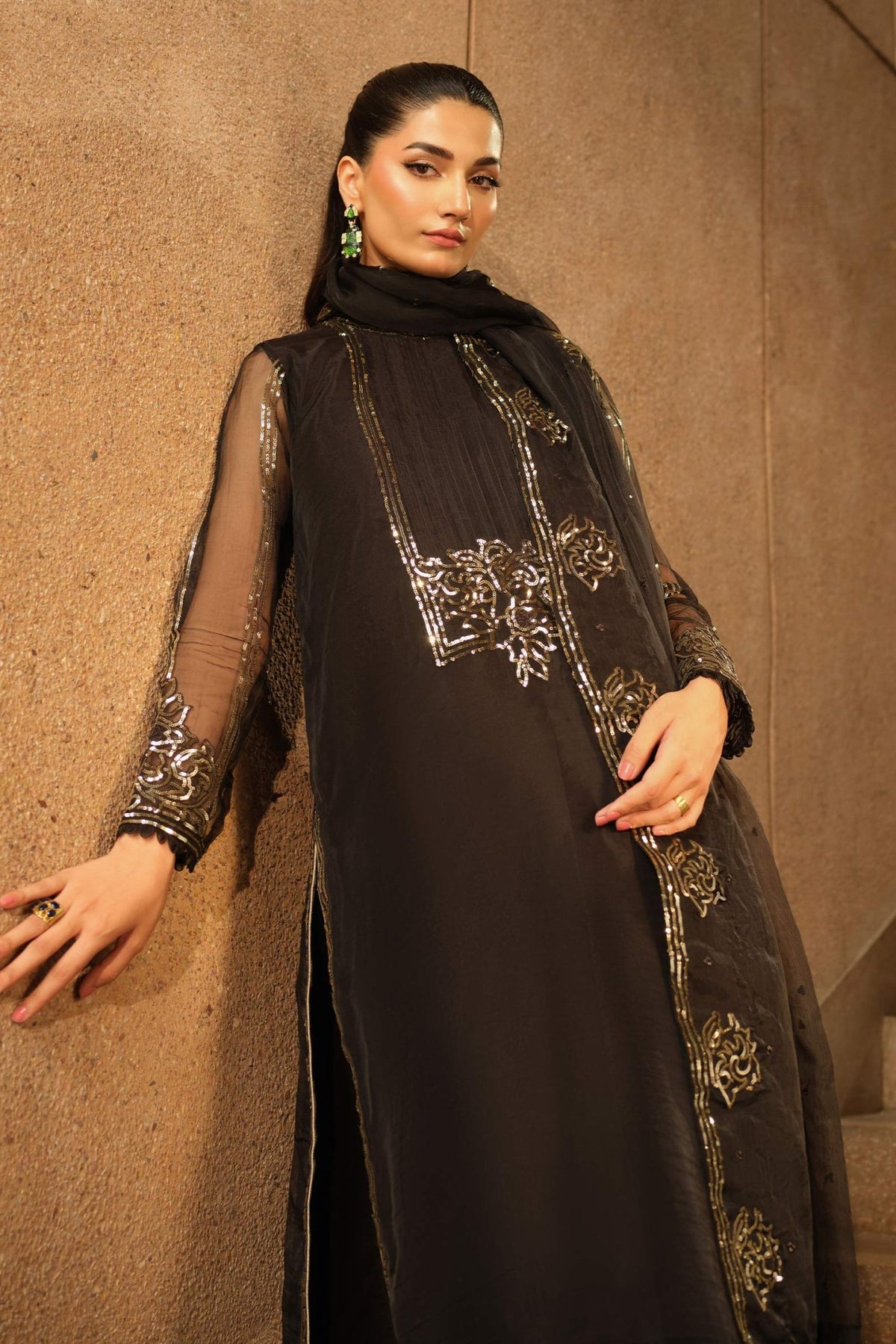 Maria B | RTW | 3 Piece Embroidered Organza Suit-Brand:Maria B-Type:Luxury Formals-Black - House of Maryam- Buy in UK, USA