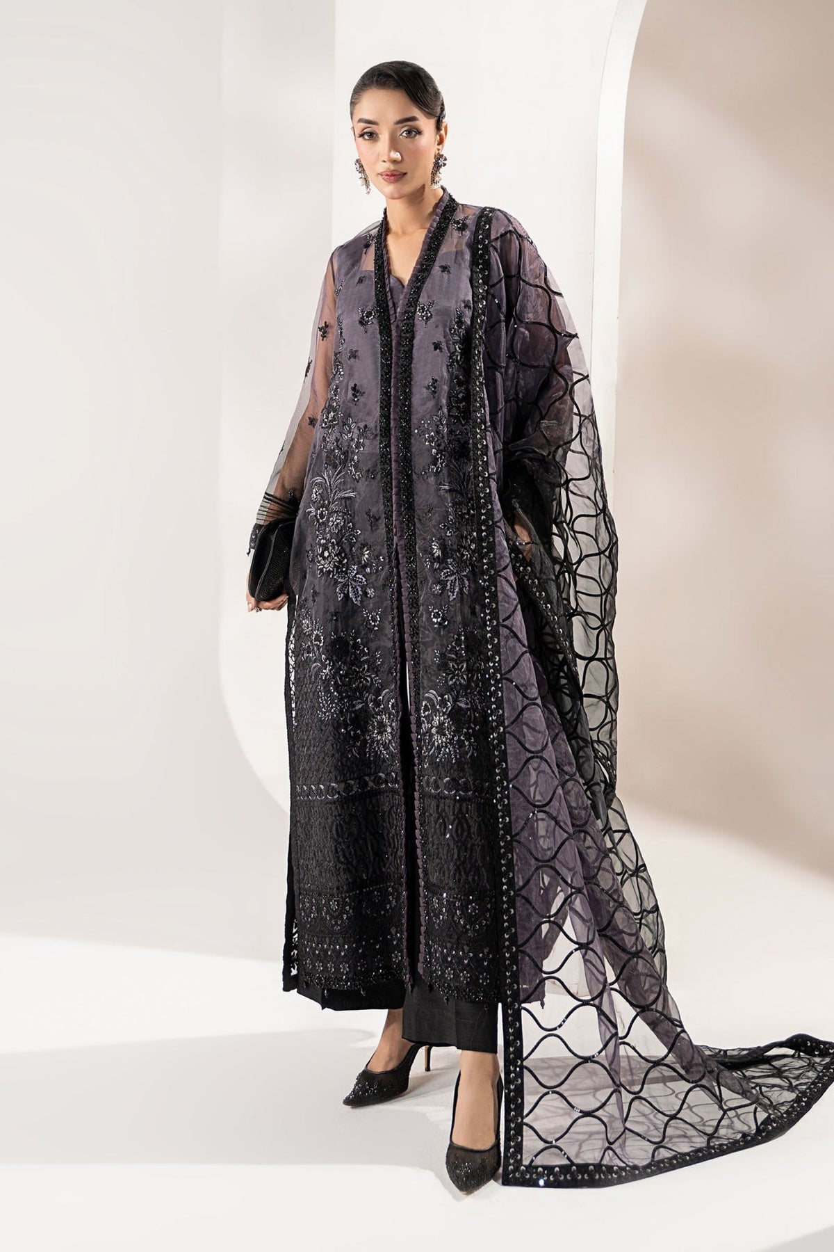 Maria B | RTW | 3 Piece Embroidered Organza Suit-Brand:Maria B-Type:Luxury Formals-Black - House of Maryam- Buy in UK, USA