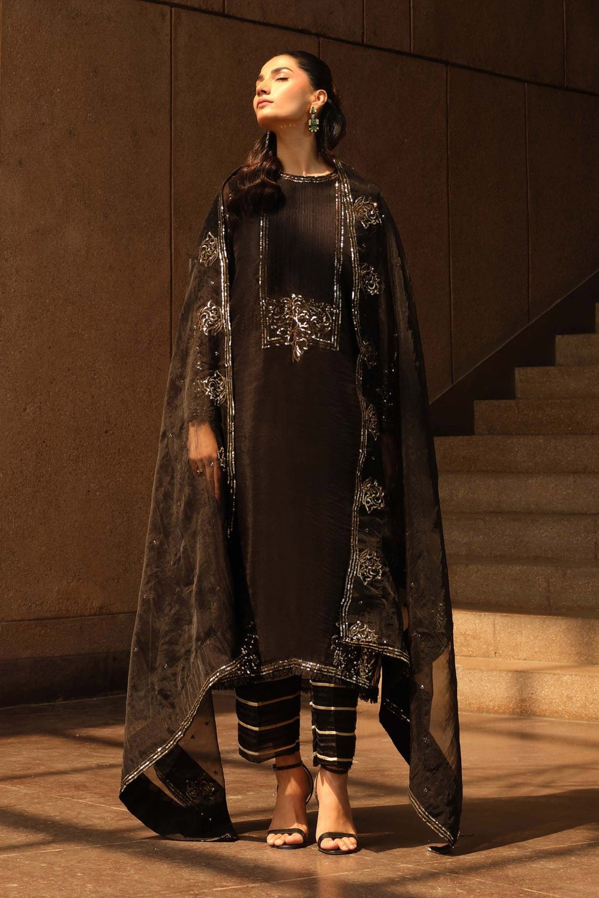 Maria B | RTW | 3 Piece Embroidered Organza Suit-Brand:Maria B-Type:Luxury Formals-Black - House of Maryam- Buy in UK, USA