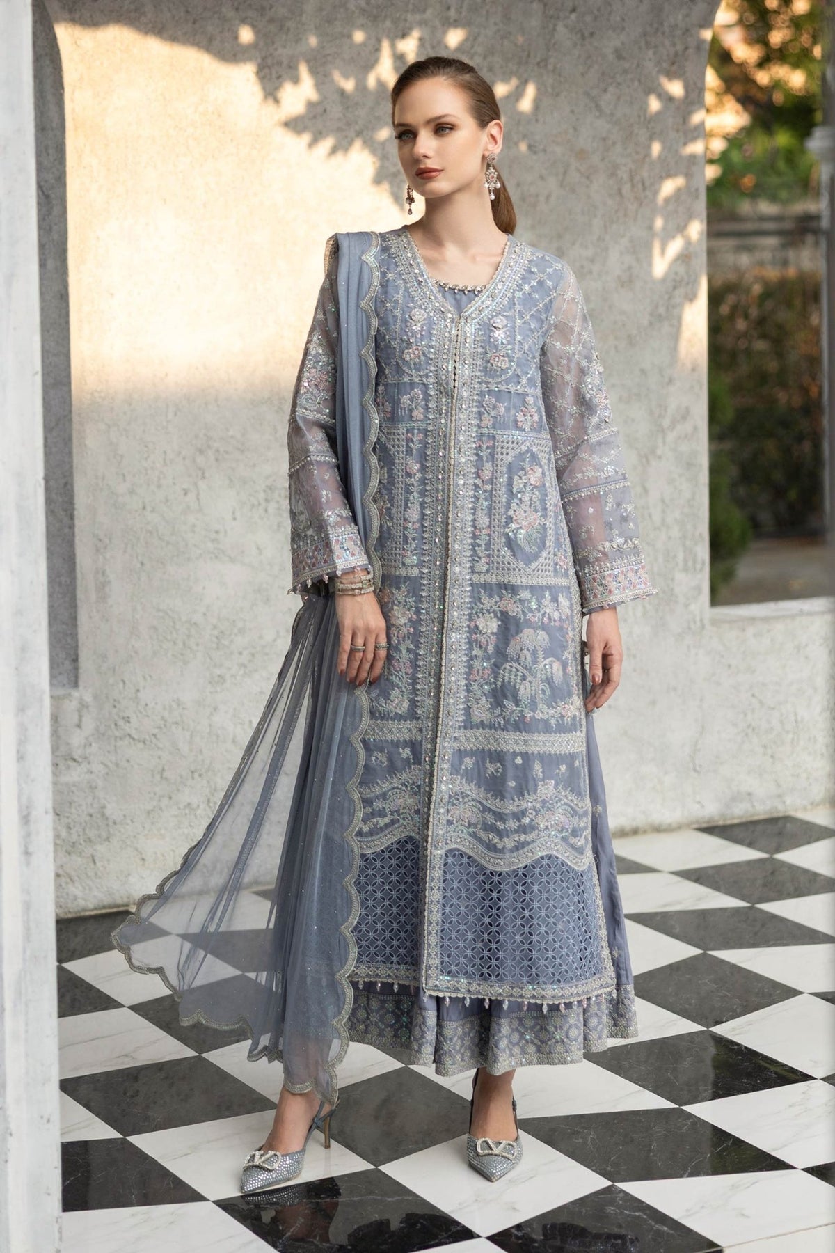 Maria B | RTW | 3 Piece Embroidered Organza Suit-Brand:Maria B-Type:Luxury Formals-Blue - House of Maryam- Buy in UK, USA