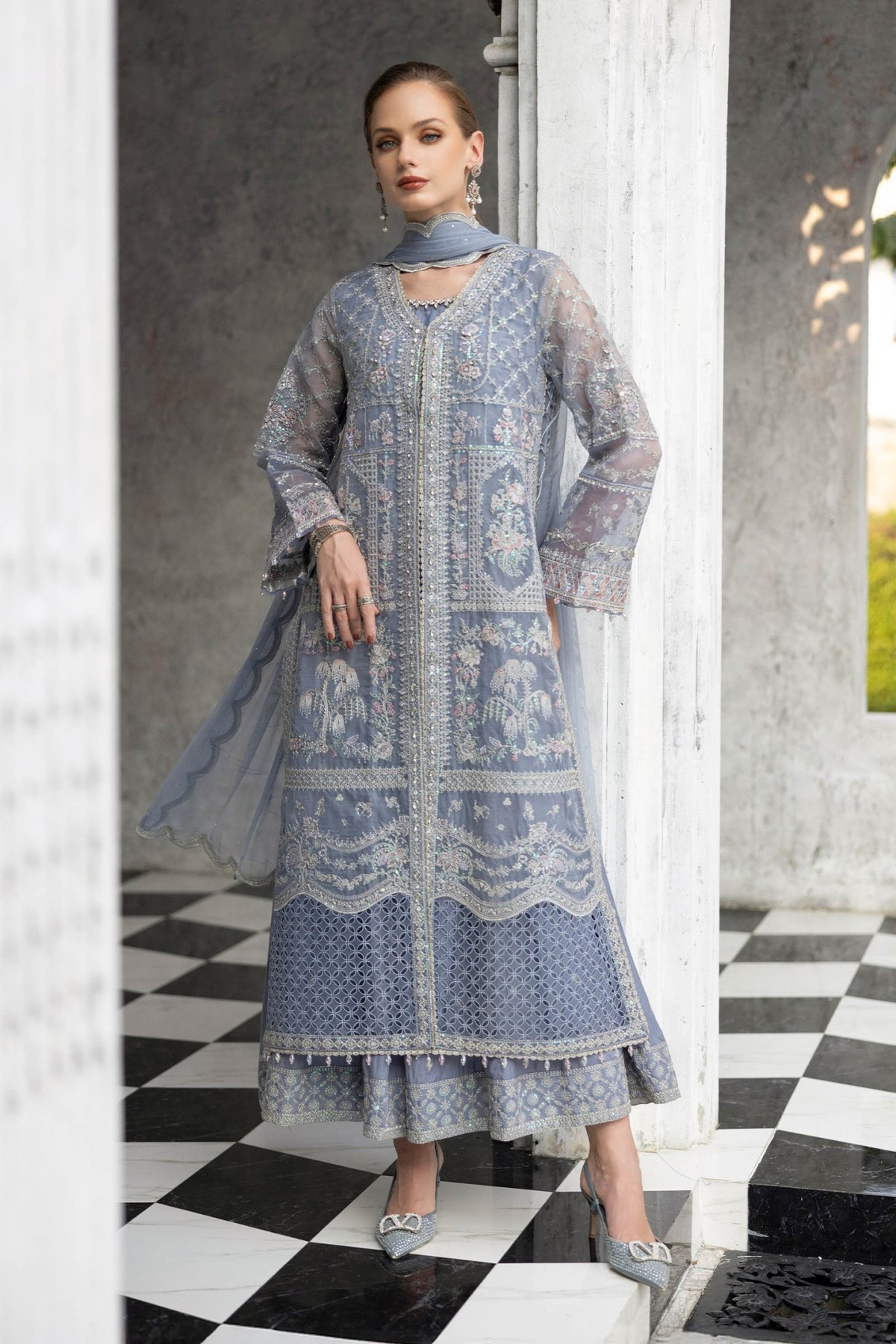 Maria B | RTW | 3 Piece Embroidered Organza Suit-Brand:Maria B-Type:Luxury Formals-Blue - House of Maryam- Buy in UK, USA