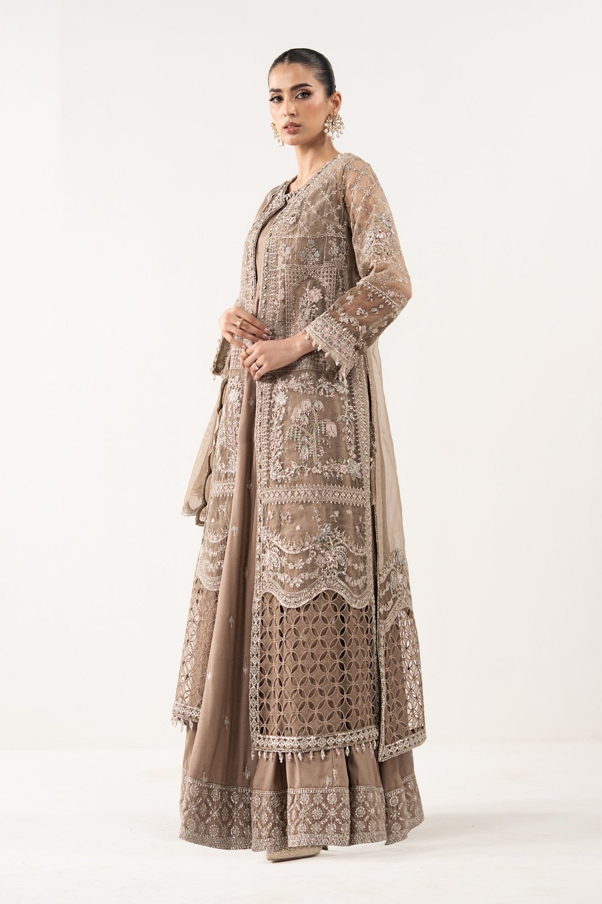 Maria B | RTW | 3 Piece Embroidered Organza Suit-Brand:Maria B-Type:Luxury Formals-Brown - House of Maryam- Buy in UK, USA