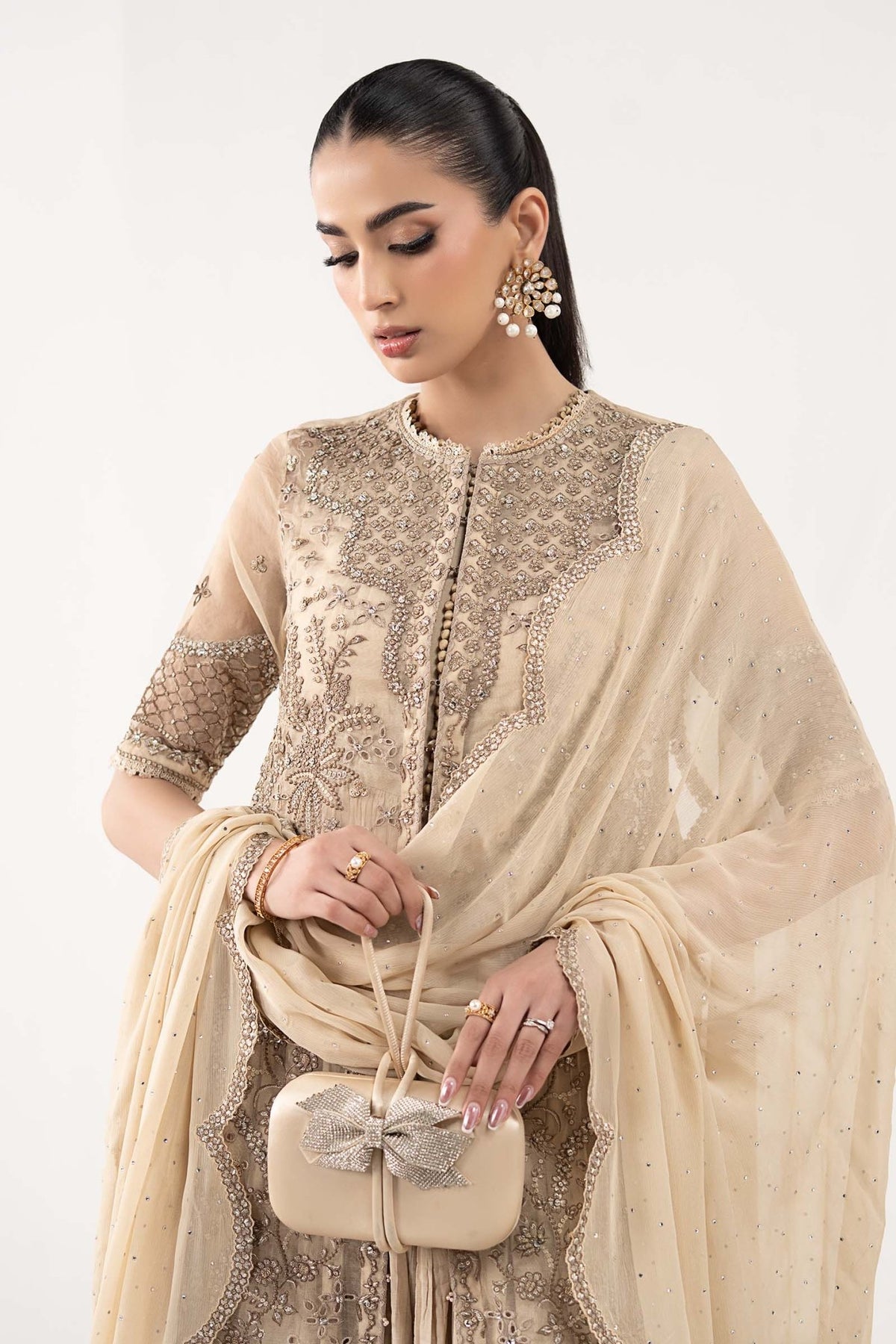 Maria B | RTW | 3 Piece Embroidered Organza Suit-Brand:Maria B-Type:Luxury Formals-Brown - House of Maryam- Buy in UK, USA