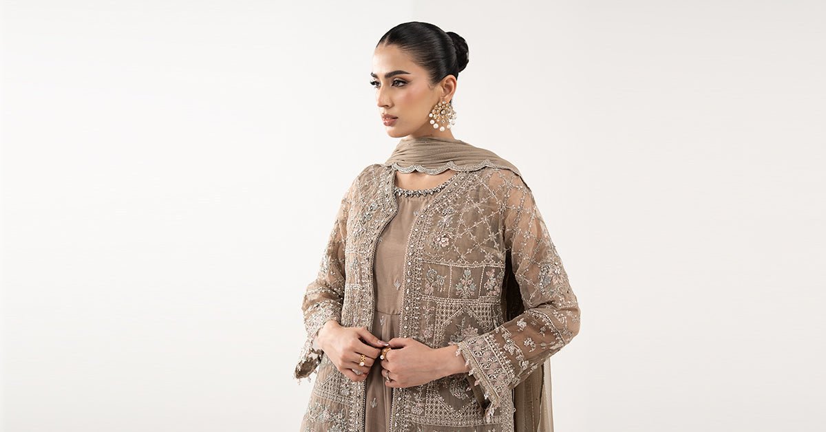 Maria B | RTW | 3 Piece Embroidered Organza Suit-Brand:Maria B-Type:Luxury Formals-Brown - House of Maryam- Buy in UK, USA