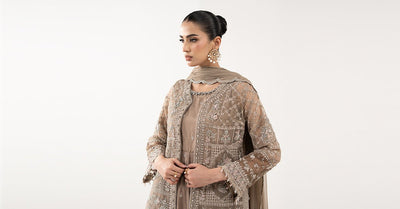 Maria B | RTW | 3 Piece Embroidered Organza Suit-Brand:Maria B-Type:Luxury Formals-Brown - House of Maryam- Buy in UK, USA