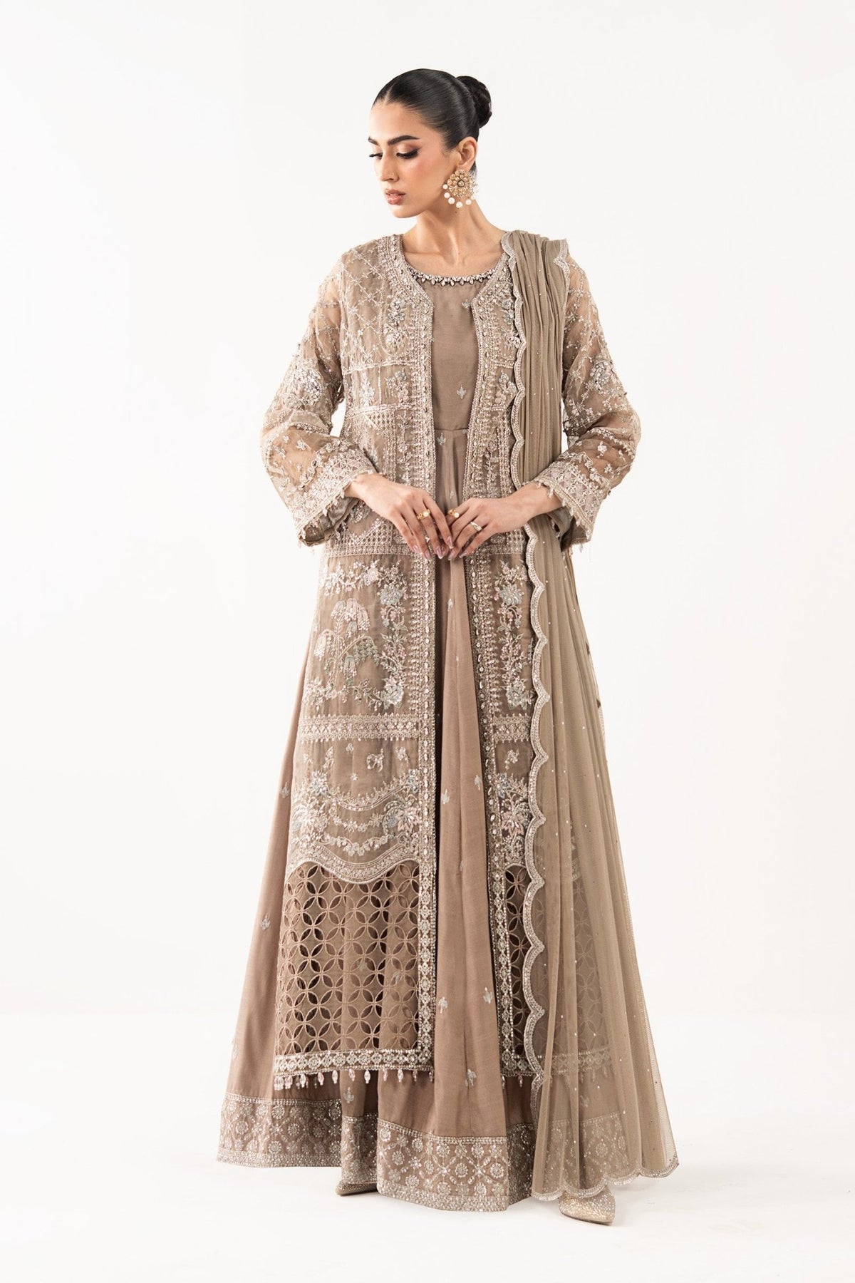Maria B | RTW | 3 Piece Embroidered Organza Suit-Brand:Maria B-Type:Luxury Formals-Brown - House of Maryam- Buy in UK, USA