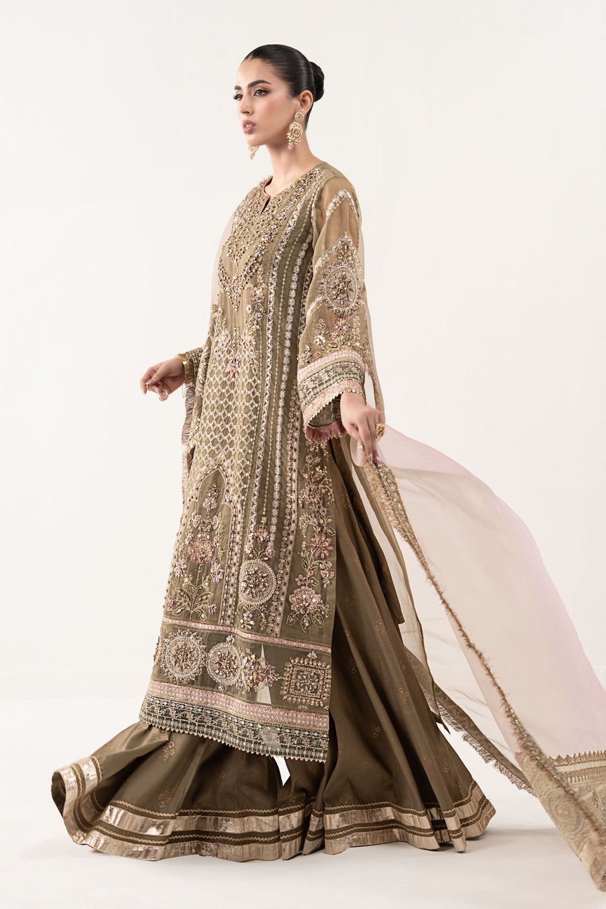 Maria B | RTW | 3 Piece Embroidered Organza Suit-Brand:Maria B-Type:Luxury Formals-Brown - House of Maryam- Buy in UK, USA
