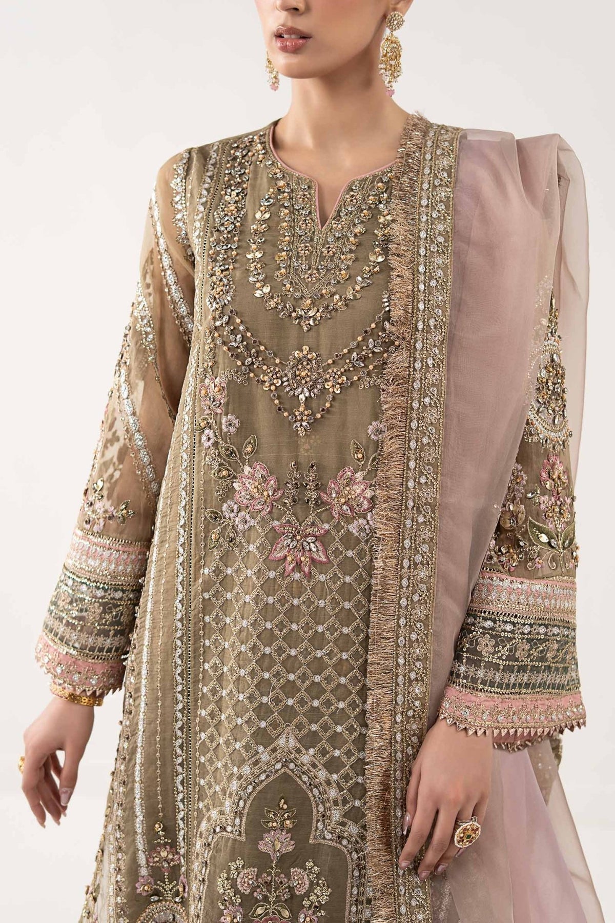 Maria B | RTW | 3 Piece Embroidered Organza Suit-Brand:Maria B-Type:Luxury Formals-Brown - House of Maryam- Buy in UK, USA