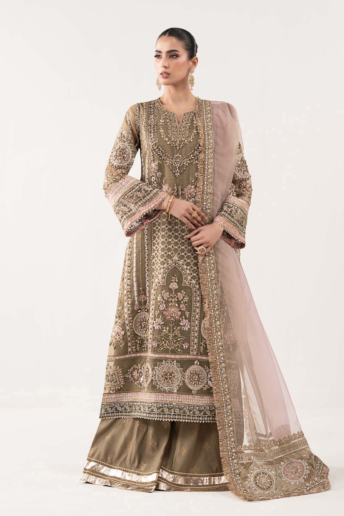 Maria B | RTW | 3 Piece Embroidered Organza Suit-Brand:Maria B-Type:Luxury Formals-Brown - House of Maryam- Buy in UK, USA
