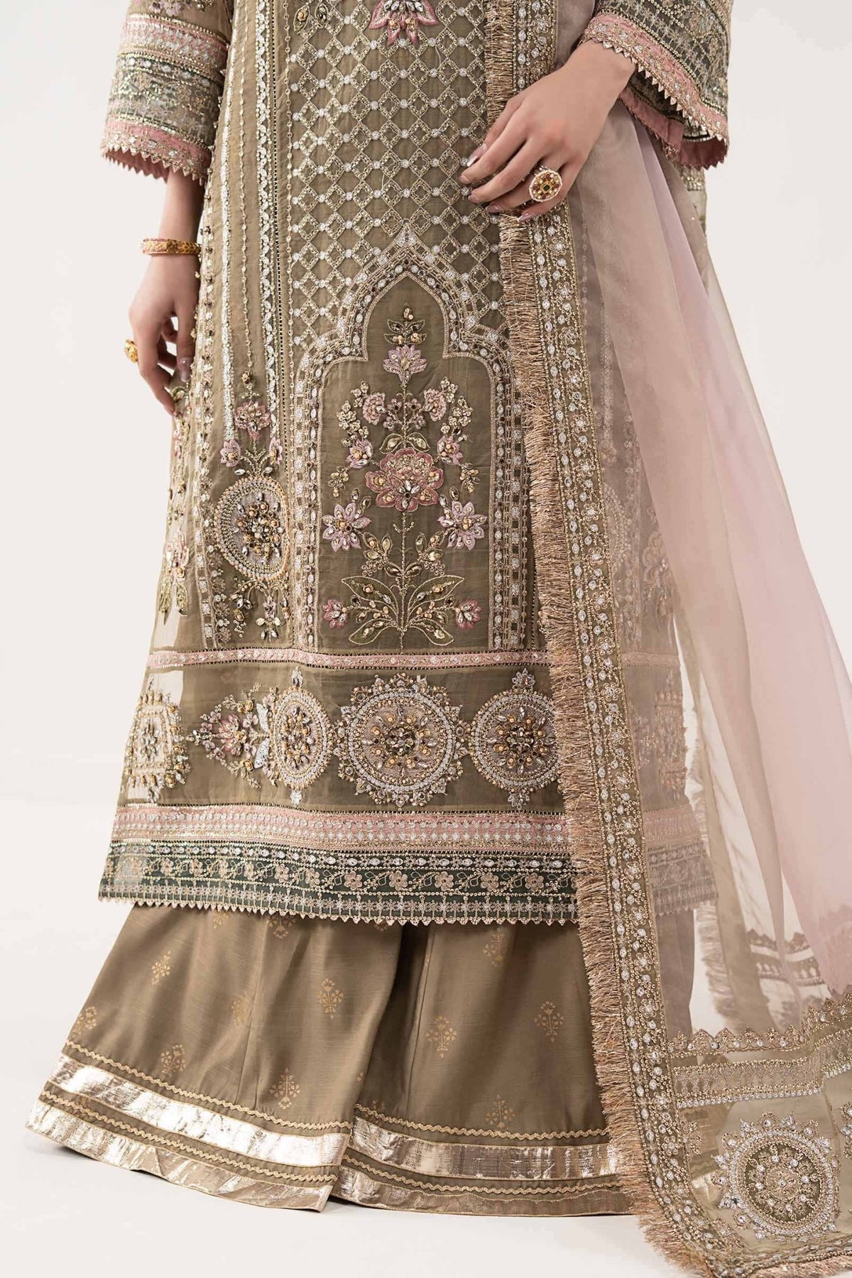 Maria B | RTW | 3 Piece Embroidered Organza Suit-Brand:Maria B-Type:Luxury Formals-Brown - House of Maryam- Buy in UK, USA