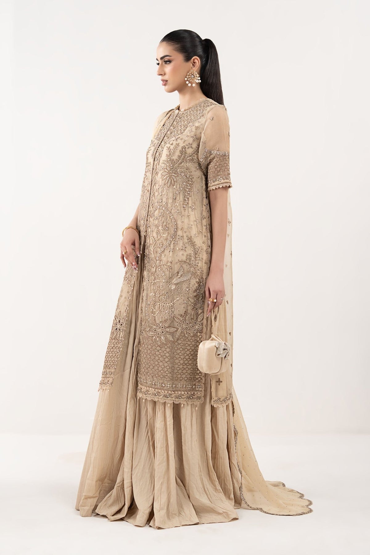 Maria B | RTW | 3 Piece Embroidered Organza Suit-Brand:Maria B-Type:Luxury Formals-Brown - House of Maryam- Buy in UK, USA