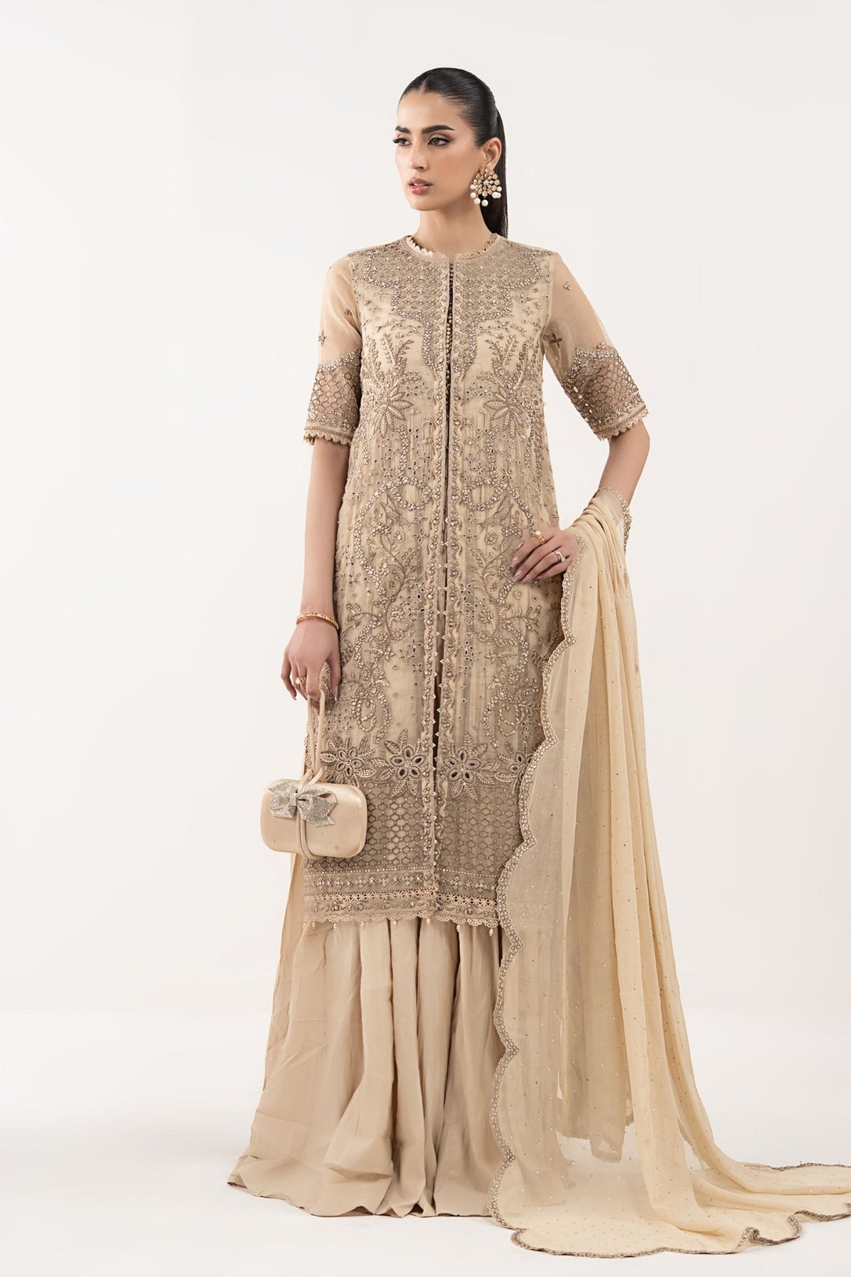 Maria B | RTW | 3 Piece Embroidered Organza Suit-Brand:Maria B-Type:Luxury Formals-Brown - House of Maryam- Buy in UK, USA