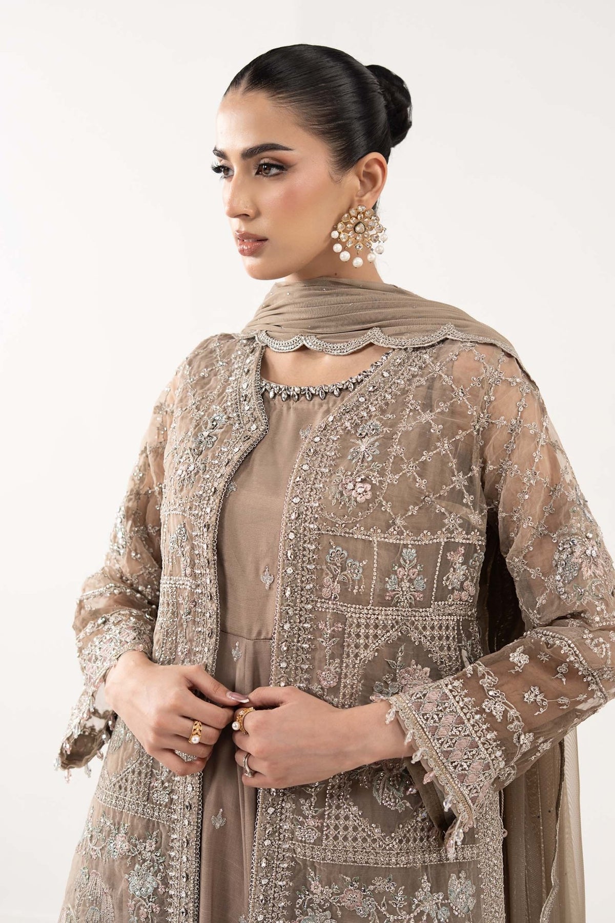 Maria B | RTW | 3 Piece Embroidered Organza Suit-Brand:Maria B-Type:Luxury Formals-Brown - House of Maryam- Buy in UK, USA