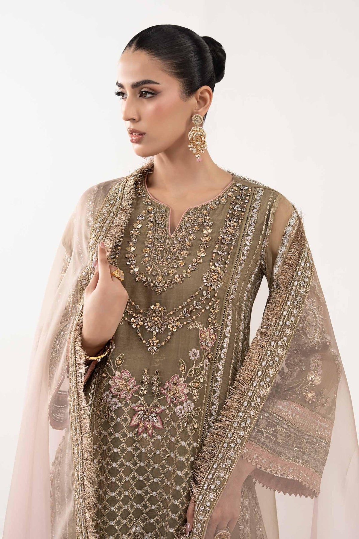 Maria B | RTW | 3 Piece Embroidered Organza Suit-Brand:Maria B-Type:Luxury Formals-Brown - House of Maryam- Buy in UK, USA