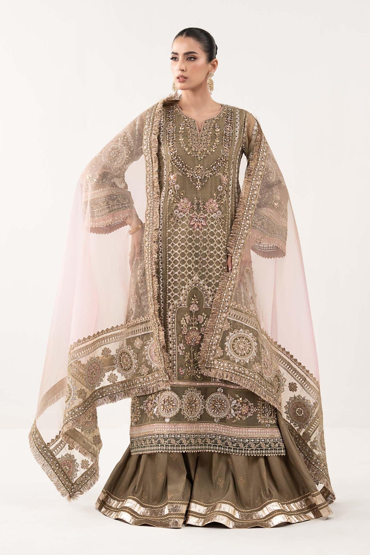 Maria B | RTW | 3 Piece Embroidered Organza Suit-Brand:Maria B-Type:Luxury Formals-Brown - House of Maryam- Buy in UK, USA