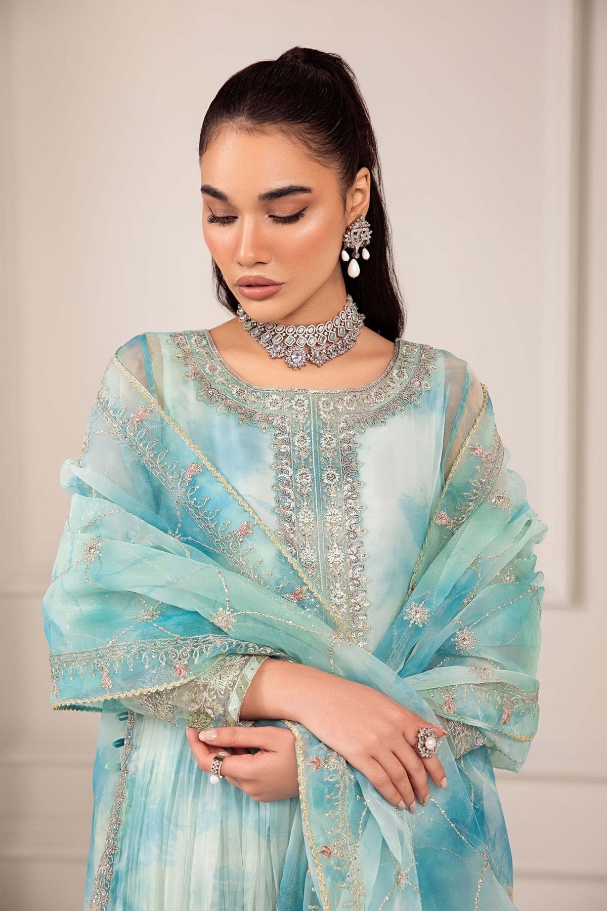 Maria B | RTW | 3 Piece Embroidered Organza Suit-Brand:Maria B-Type:Luxury Formals-Ferozi - House of Maryam- Buy in UK, USA